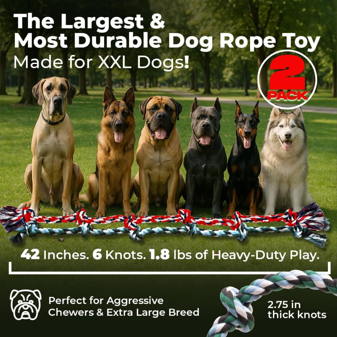 Giant Dog Rope Toys for Extra Large Dogs 2 Pack- 42 Inch, 6 Knot Tough Rope Chew Toys for Large Dogs - Benefits Non-Profit Animal Rescue - Indestructible Dog Toy for Aggressive Chewers (Red/Green 2PK)