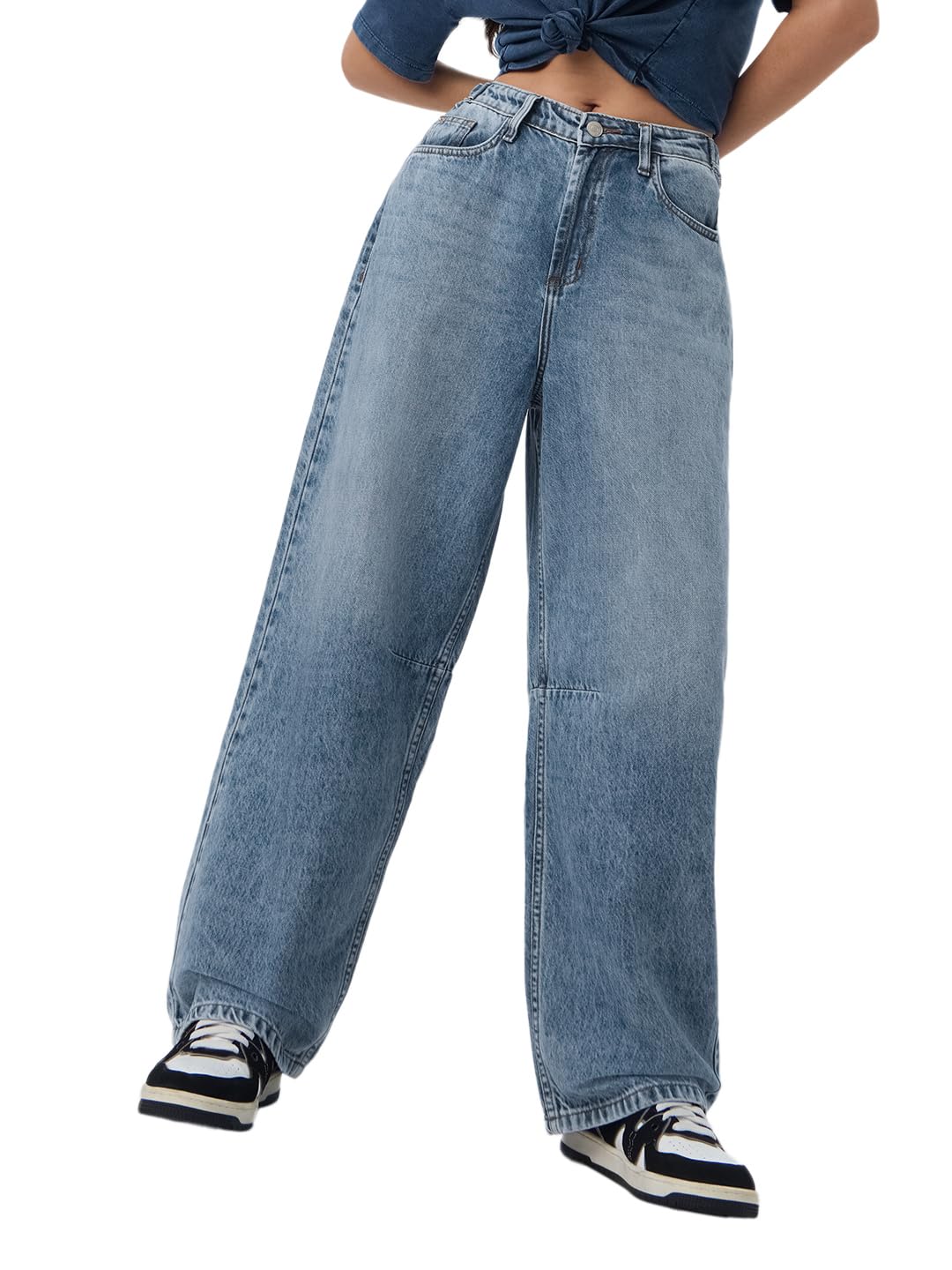the souled store Barrel-Fit Denim: Drip Blue Women and Girls Light Blue Washed Cotton Denim Oversized Baggy Fit Adjustable Waistband Lightweight Everyday Jeans-picture-23