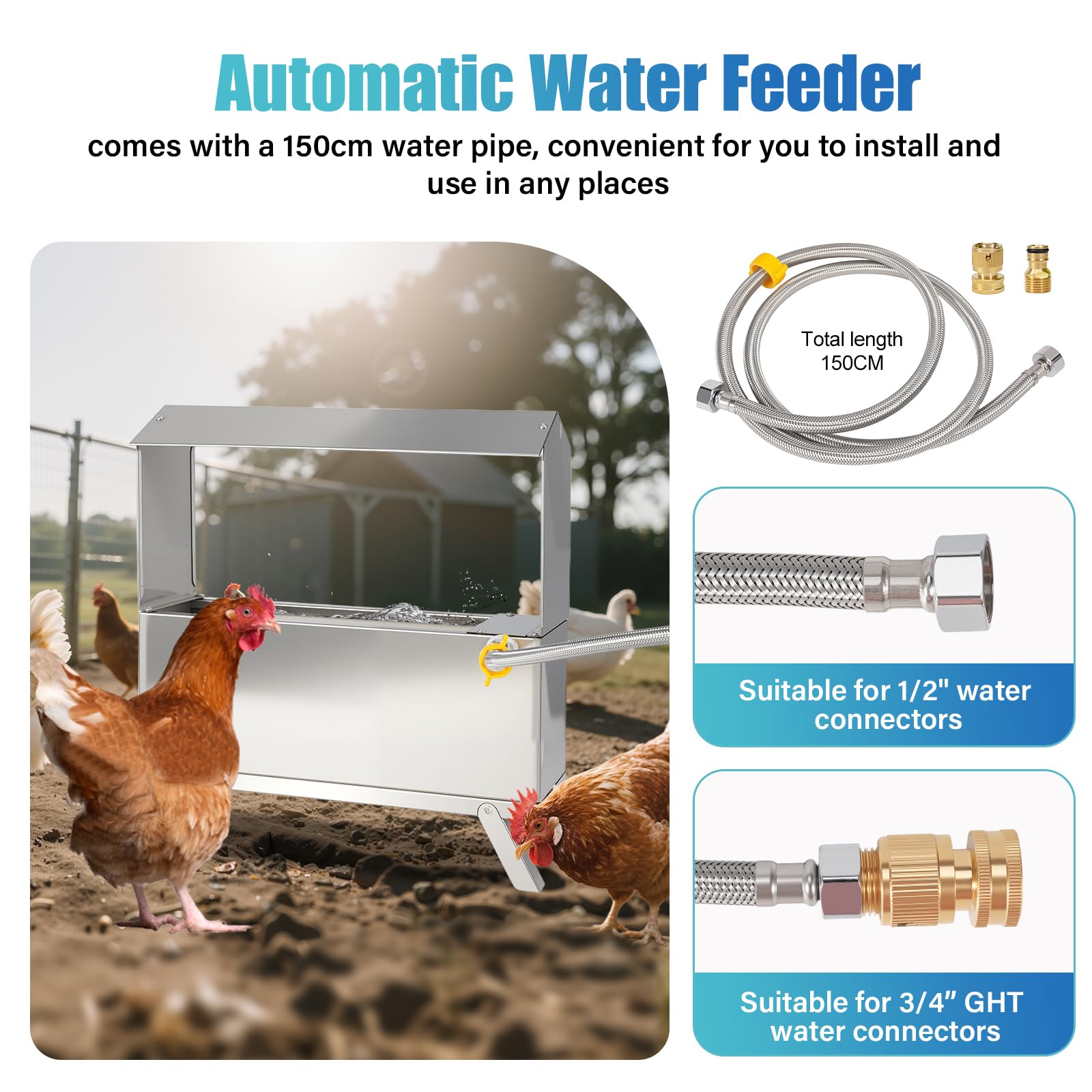 Bebedero automático para pollos de acero inoxidable 9L, dispensador automático de agua para pollos, pato, ganso, pavo, paloma, codorniz, con válvula de flotador y manguera de agua de 150 cm