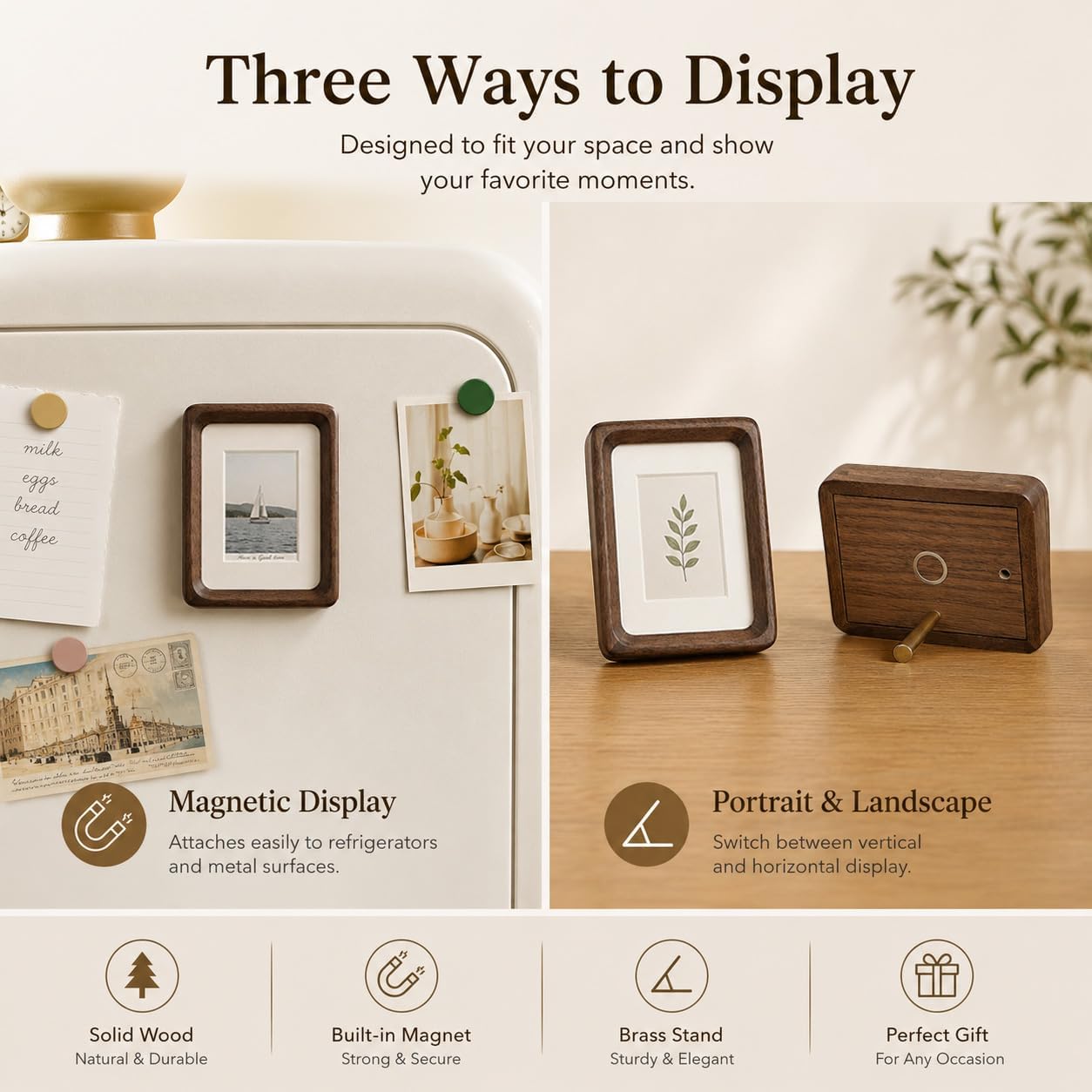 Polaroid Frame 3x4, Walnut Wood Magnetic Picture Frame, Solid Wood Instax Mini Frame, Small Photo Frame with Brass Stand & Fridge Magnet, Mortise & Tenon Craft (Walnut, 3x4)