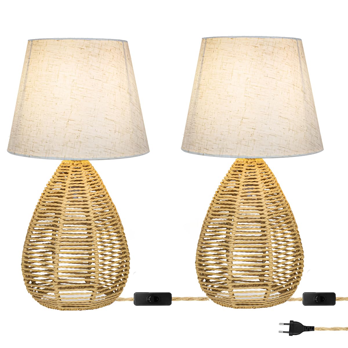 Bambus Tischlampe Retro – Handgeflochtene Nachttischlampe Mit Stoffschirm & Schalter, 40 Cm Hoch, E14 Fassung