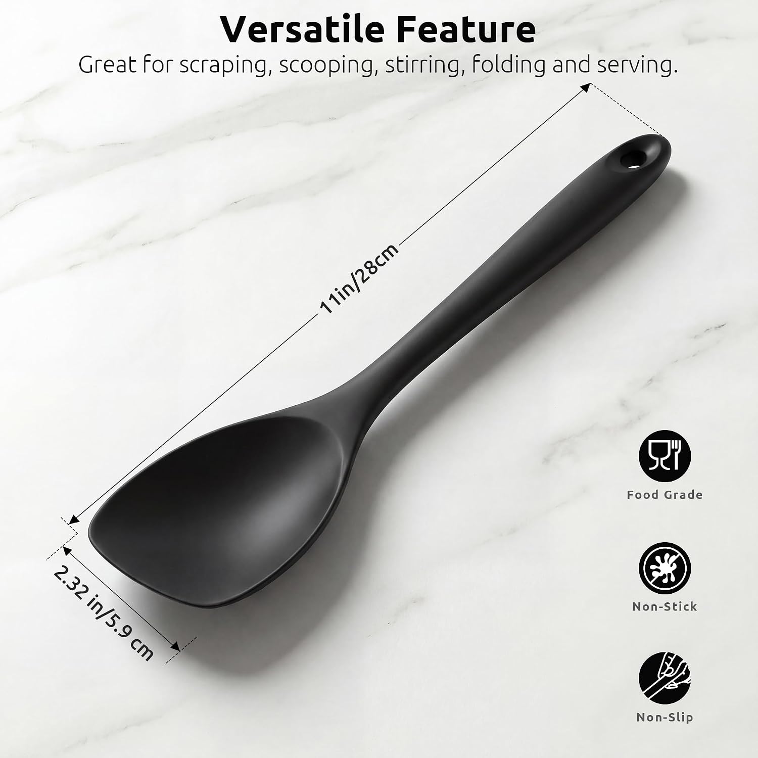 600ºF Heat Resistant Spatula Spoon: U-Taste Flexible Silicone Cooking Scoop Spoonula, Serving Mixing Scraping Food in Non-Stick Pan Cookware, Seamless Multifunctional Kitchen Utensil (Black)