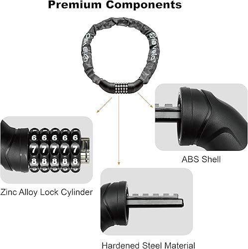 Miniatura 8 de Via Velo Candado de cadena para bicicleta, combinación reiniciable de 5 dígitos, cerradura antirrobo de bicicleta resistente, cerraduras de