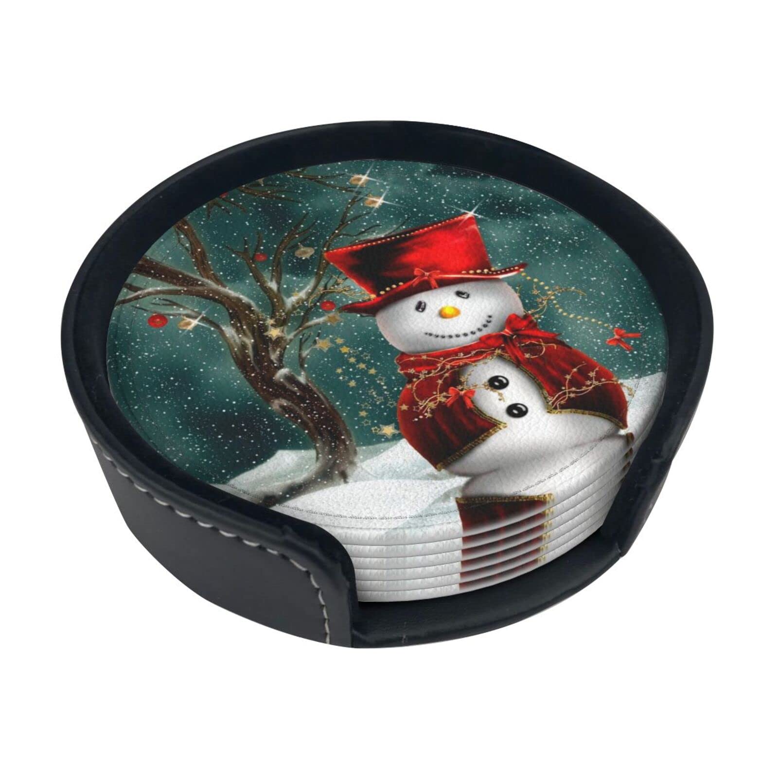 Coasters Set Of 6 Snowman Print Leather Coasters For Drinks,Home Décor And Housewarming Gift
