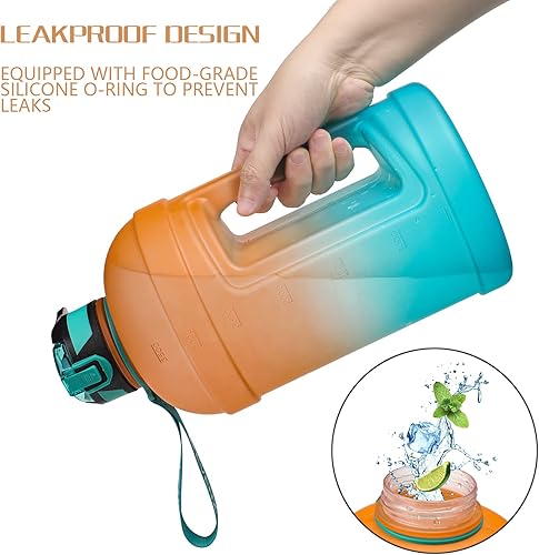 Miniatura 6 de KEVENZ Botella de agua con marcador de tiempo, botella de agua de 1 galón con popote, jarra de agua a prueba de fugas, sin BPA, verde naranja