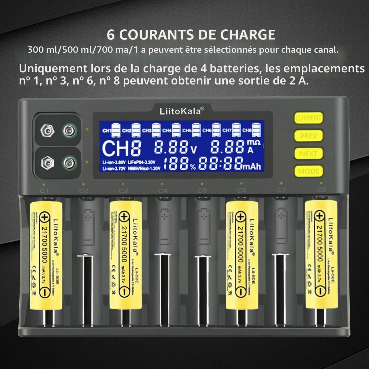 Chargeur de Batterie 18650, LiitoKala LII-S8 Chargeur de Batterie 9V avec écran LCD, Chargeur Batterie pour Li-ION LiFePO4 Ni-MH Ni-CD AA AAA C 21700 26650 13650 16340 18700 RCR123, 8 Baies