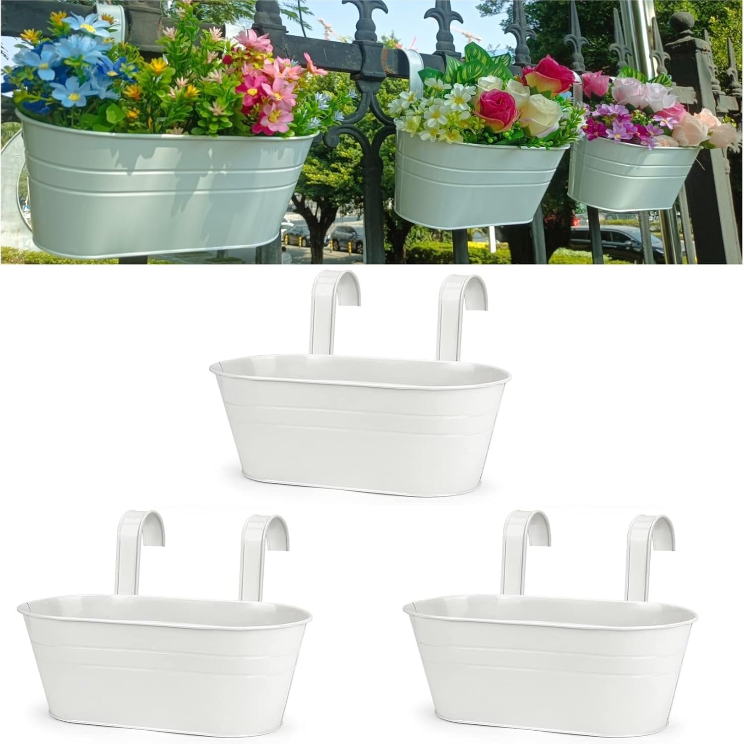 3Pcs Metal Wall Planters,11 inch Oval Metal Railing Planter, Balcony Railing Hanging Plant Pot, Indoor Outdoor Hanging Plant Pot Decor, Rustic Herb Flower Plant Holder,Color - White