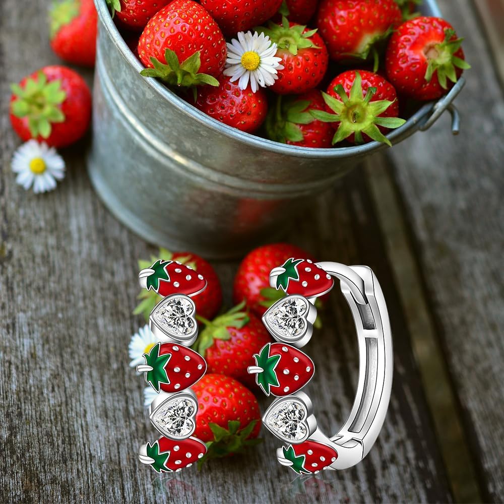 Strawberry Earrings Red Strawberry Earrings for Women Sterling Silver Huggie Hoop Picnic Fruit Strawberries Gift