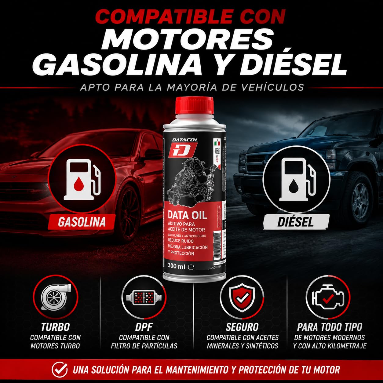 Datacol Aditivo para Aceite de Motor 300 ml, Tratamiento Antihumo y Anticonsumo, Reduce Ruido y Consumo de Aceite, para Motores Gasolina y Diésel con DPF - 2 Unidades