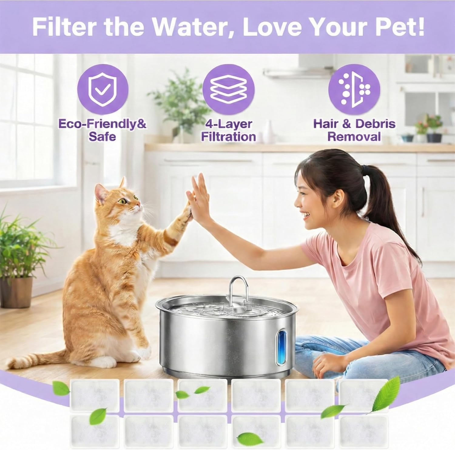 12-Pack Replacement Filters for Dog Water Fountain Large, 3-Stage Filtration (Resin + Activated Carbon + Sponge), Compatible with 11L & XL Dog Water Fountain, Large Capacity Pet Fountain