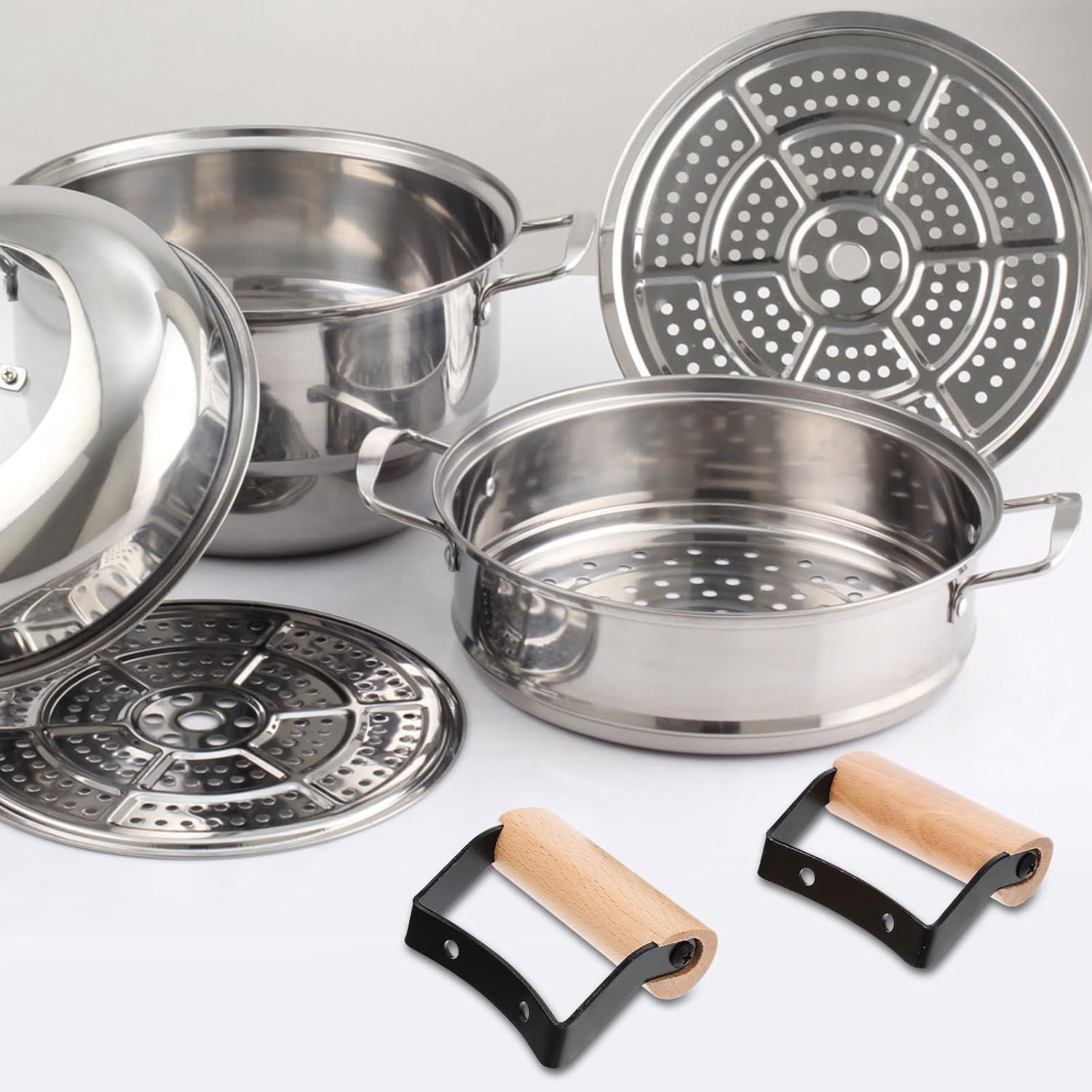 2pcs Wood Stainless Steel Double-hole Pot Handle