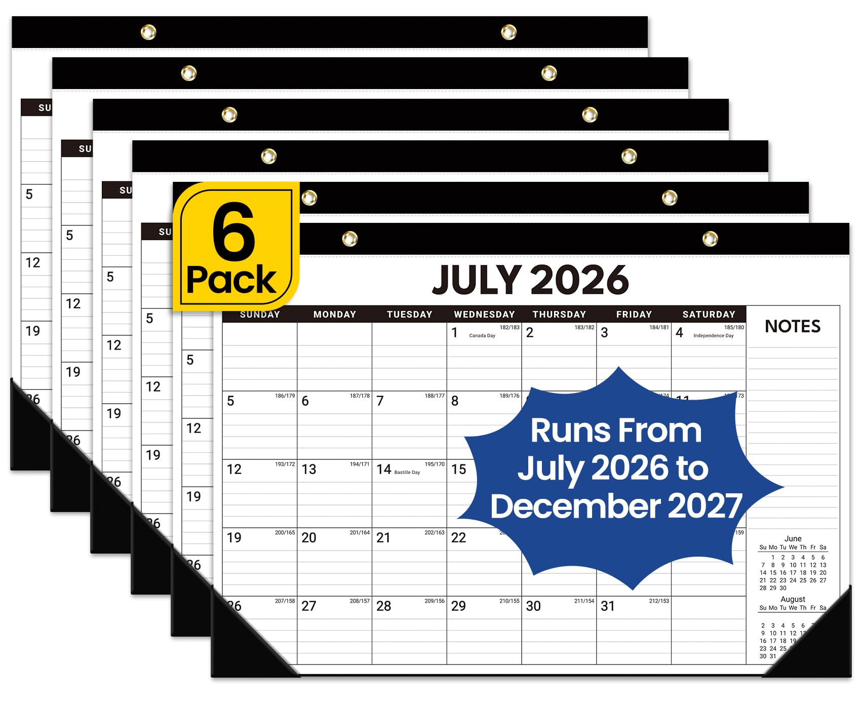 6 Stück Tischkalender 2026–2027, 18-Monatskalender von Juli 2026 bis Dezember 2027, großer 43,2 x 30,5 cm, monatlicher Schreibtisch- und Wandkalender für Zuhause und Büro, Schwarz