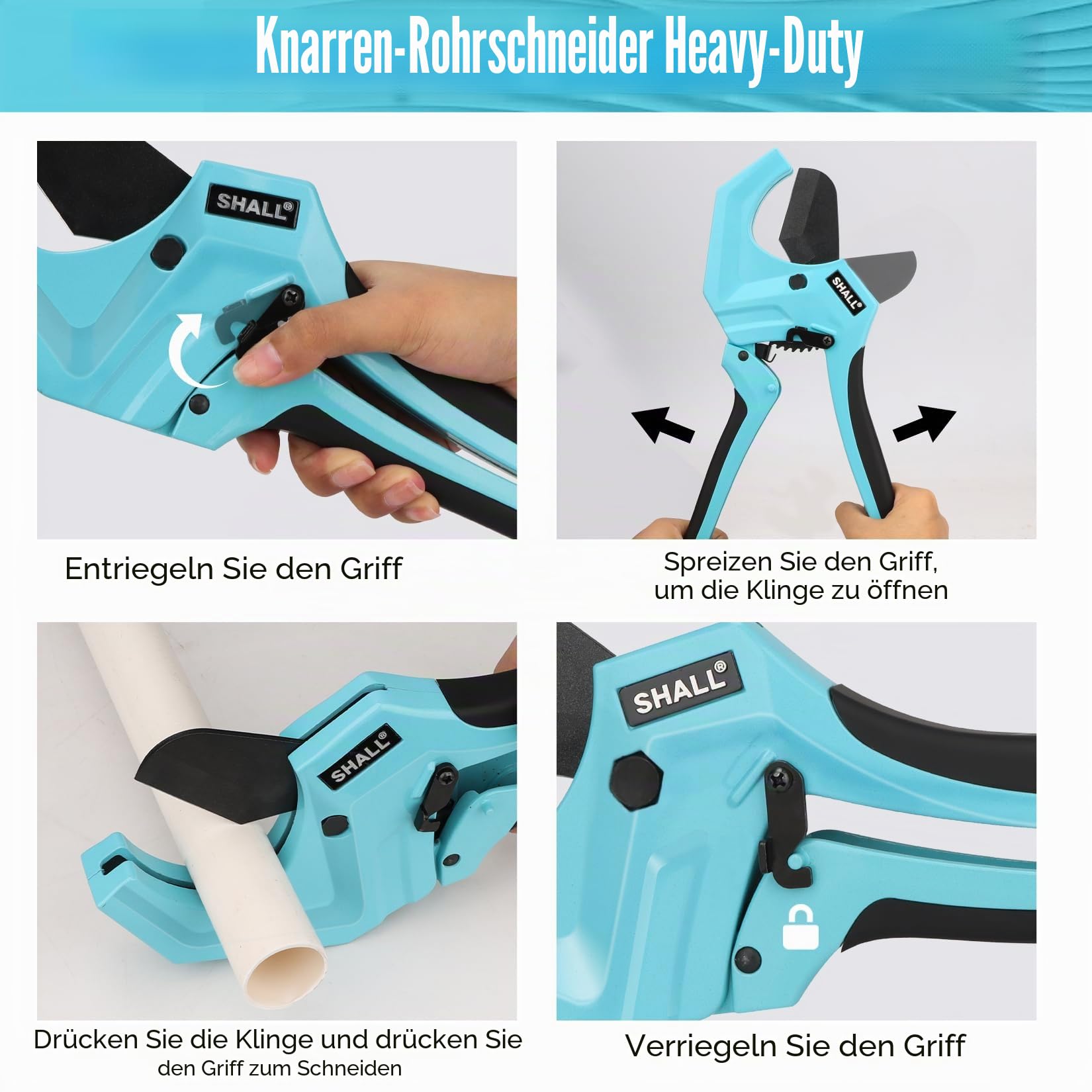SHALL 2,5 Zoll (63 mm) Kunststoff-Rohrschneider, PVC-Schneider, Ratschen-Rohrschneider zum Schneiden von PEX-, PVC- und PPR-Kunststoffschläuchen mit 63 mm Außendurchmesser, hochwertiges Kunststoffrohr