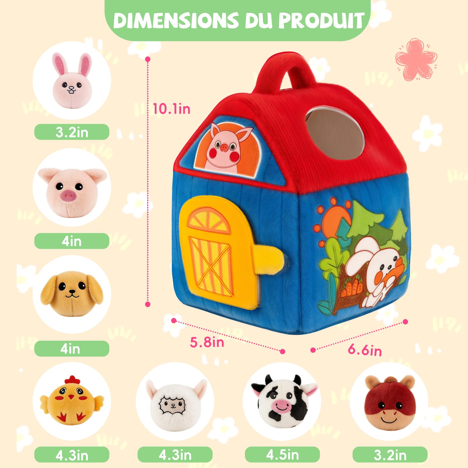 SAIMAND Jouet Bebe Animaux de la Ferme en Peluche, Jeux Sensoriel Montessori avec Grange, Hochets et Miroir, Jouet d’Éveil Bébé 0-3-6-9-12 Mois, Cadeau Bébé Enfant Garçon et Fille