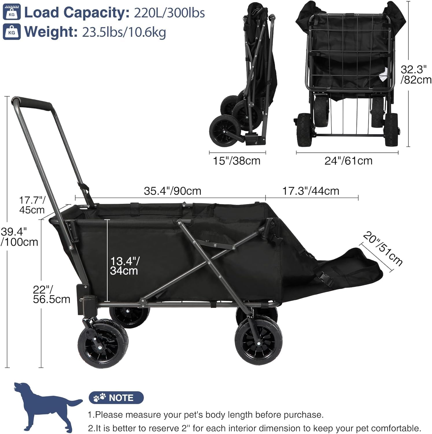 REDcamp Faltbarer Hundewagen mit ausziehbarem Hinterende, sehr robust, 134 Liter, Campingwagen mit Rädern für Sport und Shopping
