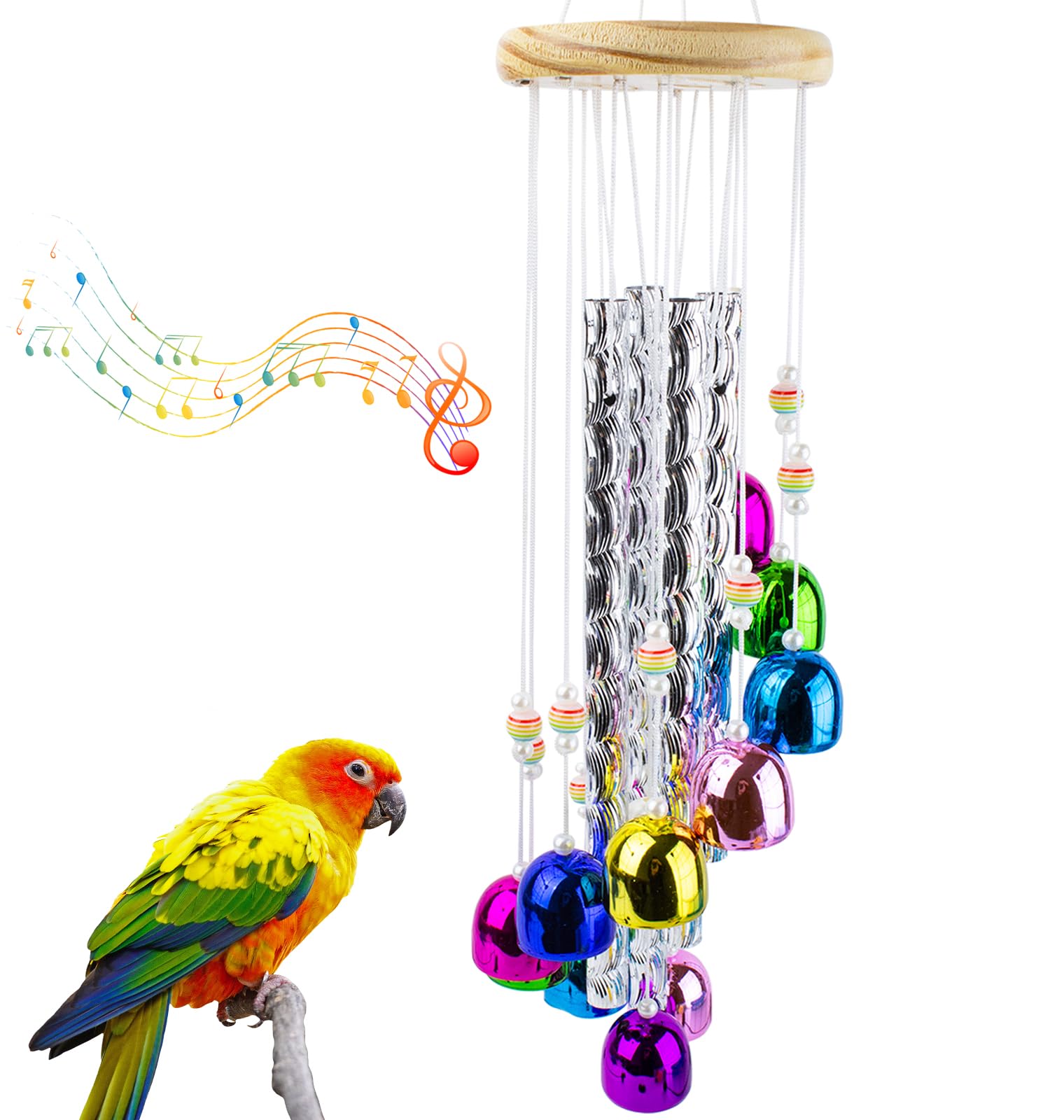 FlidRunest Bird Toys, Conure Wind Chimes Chewing Toy with Colorful Stick, Parakeet Toys 4 Aluminum Tubes 11 Bells, Parrot Cage Windchime Hanging Bells