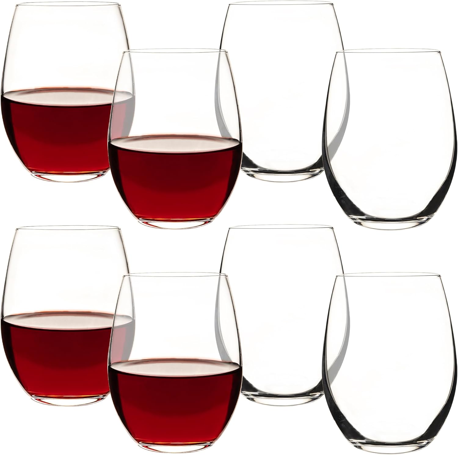Set of 8 - Stemless Wine Glasses, 15 Oz Smooth Rim Standard Wine Glass Tumbler for Red, White Wine, Dishwasher Safe
