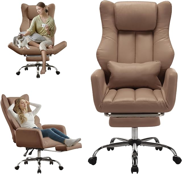 Chaise de bureau ergonomique avec repose-pieds, chaise exécutive en cuir gros et gros avec accoudoirs réversibles, roues, oreiller de barre, 155° chaise de bureau inclinable pour la maison, Bureau(Brown)