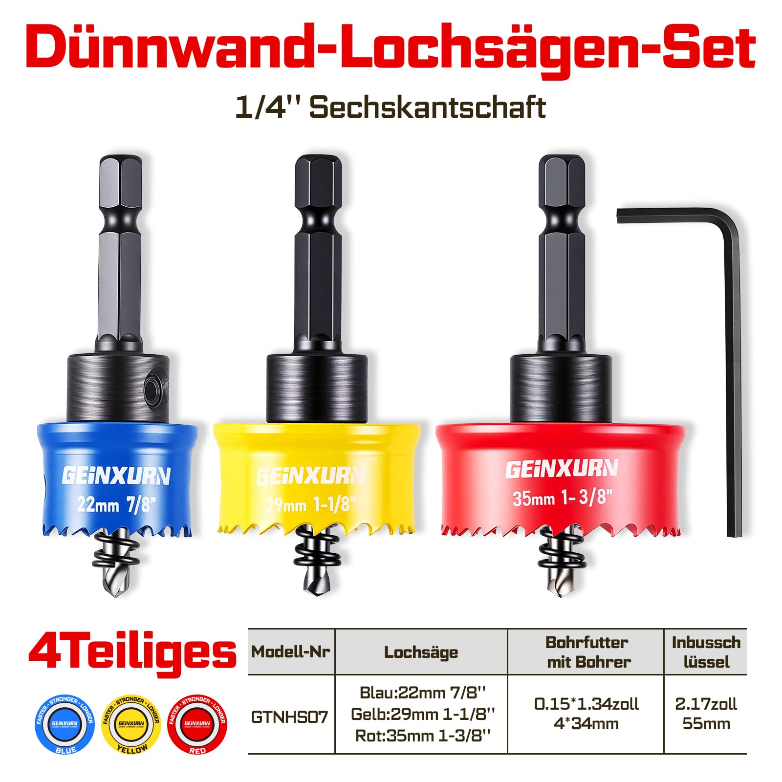 GEINXURN Piła otworowa, 22 mm, 29 mm, 35 mm, HSS bi-metal, do aluminium, drewna, żeliwa, mosiądzu, tynku, niebieskiego, żółtego, czerwonego, 3 szt