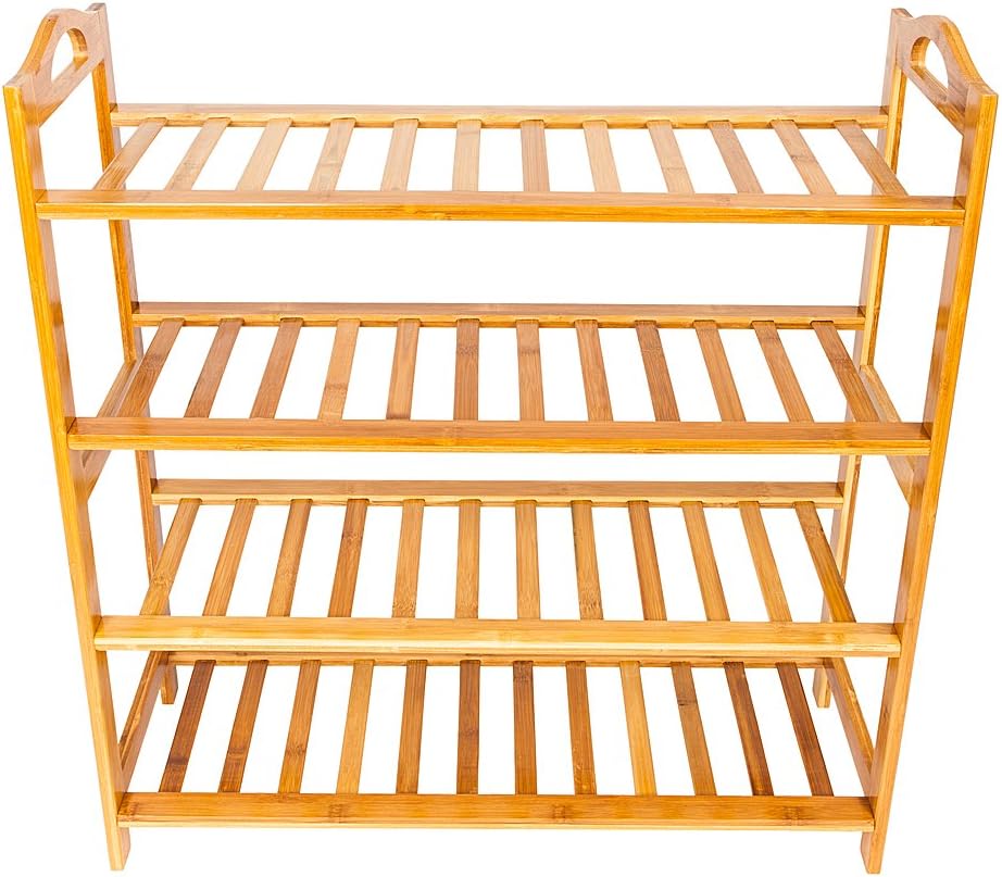 Bamboo Shoe Rack with Handle 4 Tier 16 Pairs Free Standing Shoe Shelf Storage Organizer for Entryway & Closet, Wood Color