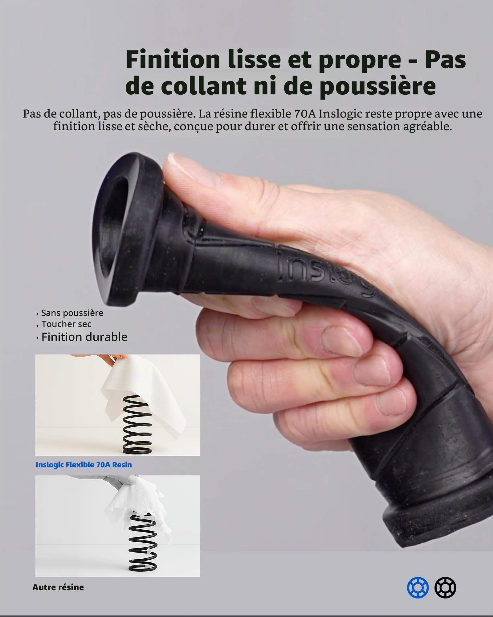 Inslogic Résine 3D flexible 70A Résine souple & non cassante pour objets flexibles, durcissement UV rapide 405 nm, 1kg Noir