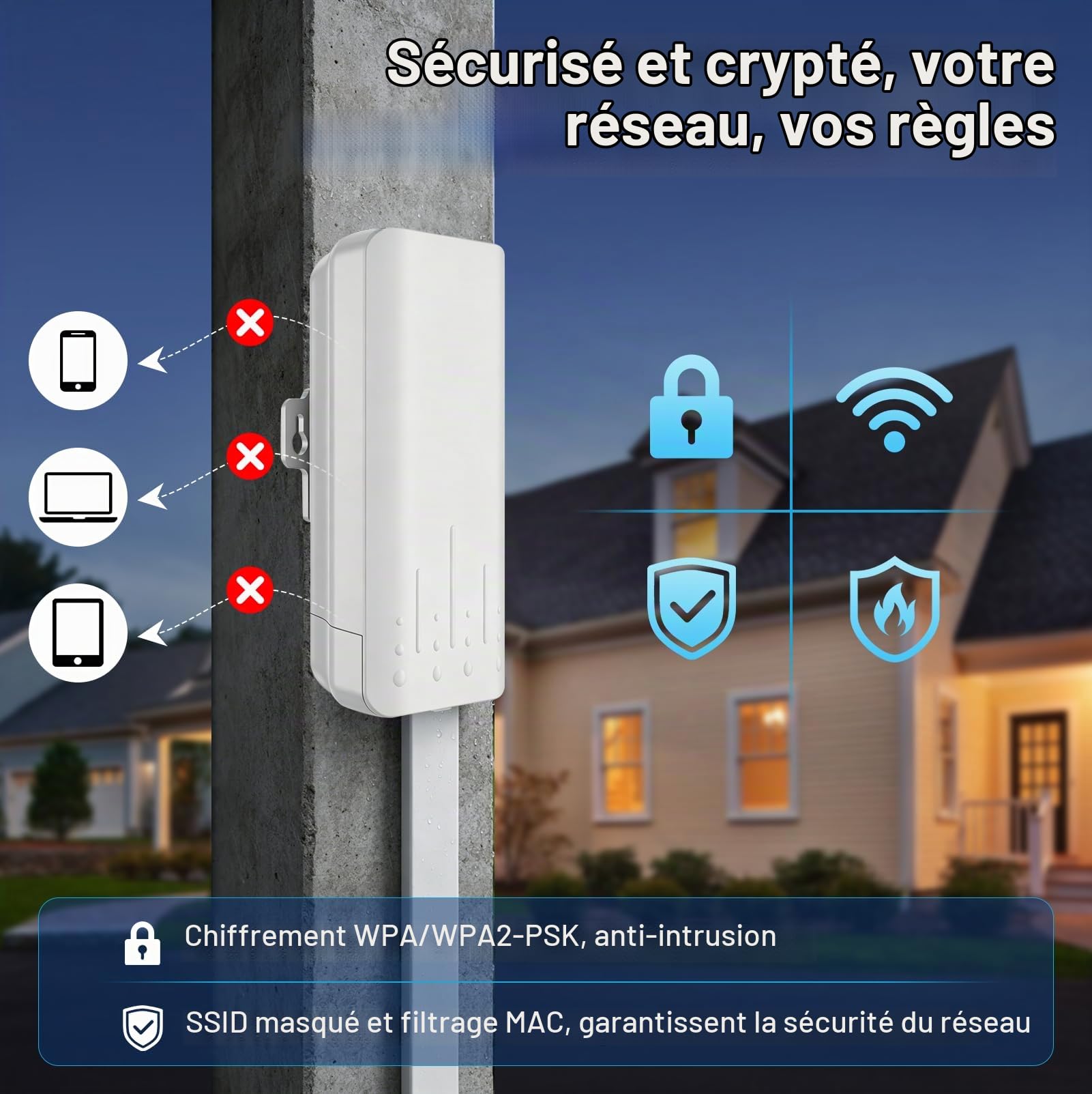 Amplificateur WiFi Extérieur IP65 avec PoE, 2,4 GHz Répéteur WiFi Extérieur | Extension WiFi 300 Mbps avec Mode AP, Point d'accès WiFi Extérieur pour Jardin, Piscine, Garage et Appareils Connectés
