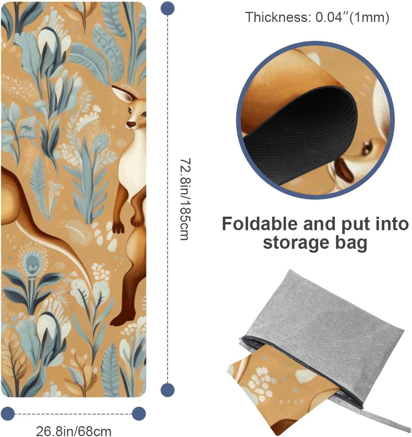 Yoga Towel, Kangaroo Pattern Non Slip Sweat Absorbent Hot Yoga Mat Towel for Hot Yoga, Pilates and Fitness - 72.8" x 26.8"