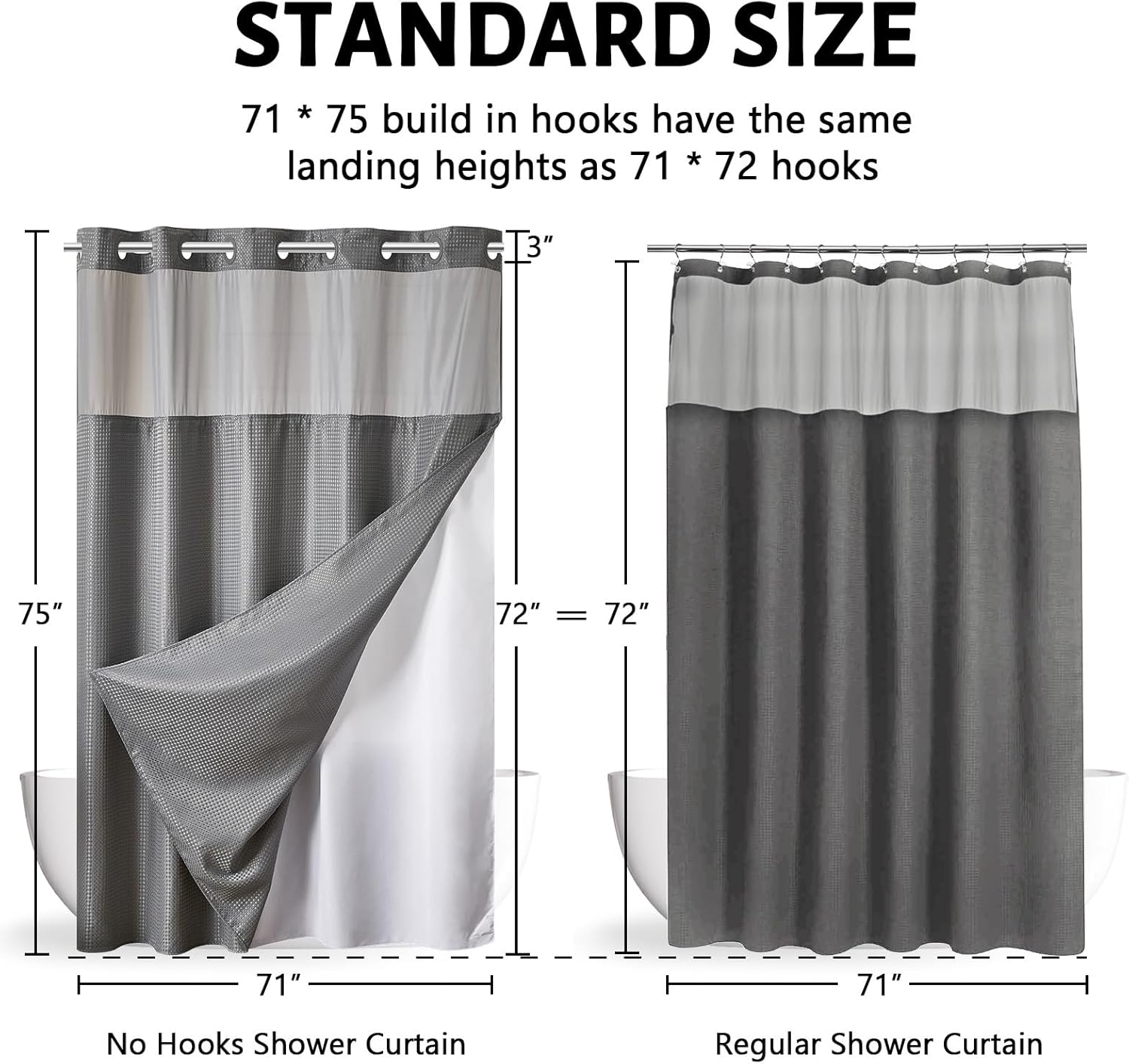 Furlinic No Hook Shower Curtain with Snap in Fabric Liner Set,Waffle Weave Heavy Duty Bathroom Curtain with See Through Window,Waterproof & Machine Washable,Hotel Style,Light Grey,71x75 Inch