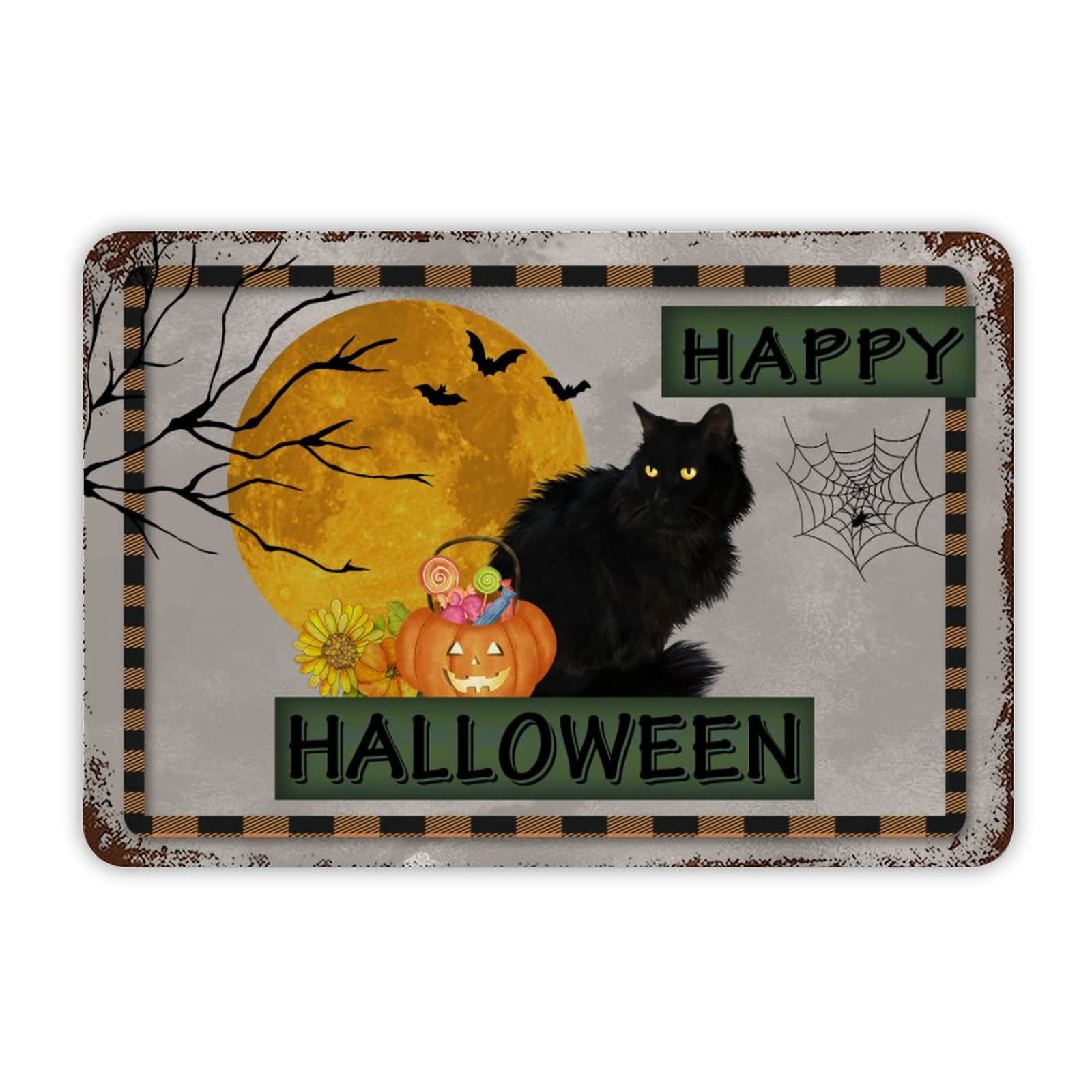 ENEDNATE Happy Halloween Cat Pumpkins Aluminum Tin Metal Sign for Indoor Outdoor Business Retail Store Patio Yard Home Decoration Easy to Mount Wall Art Print Poster 8x12 Inch