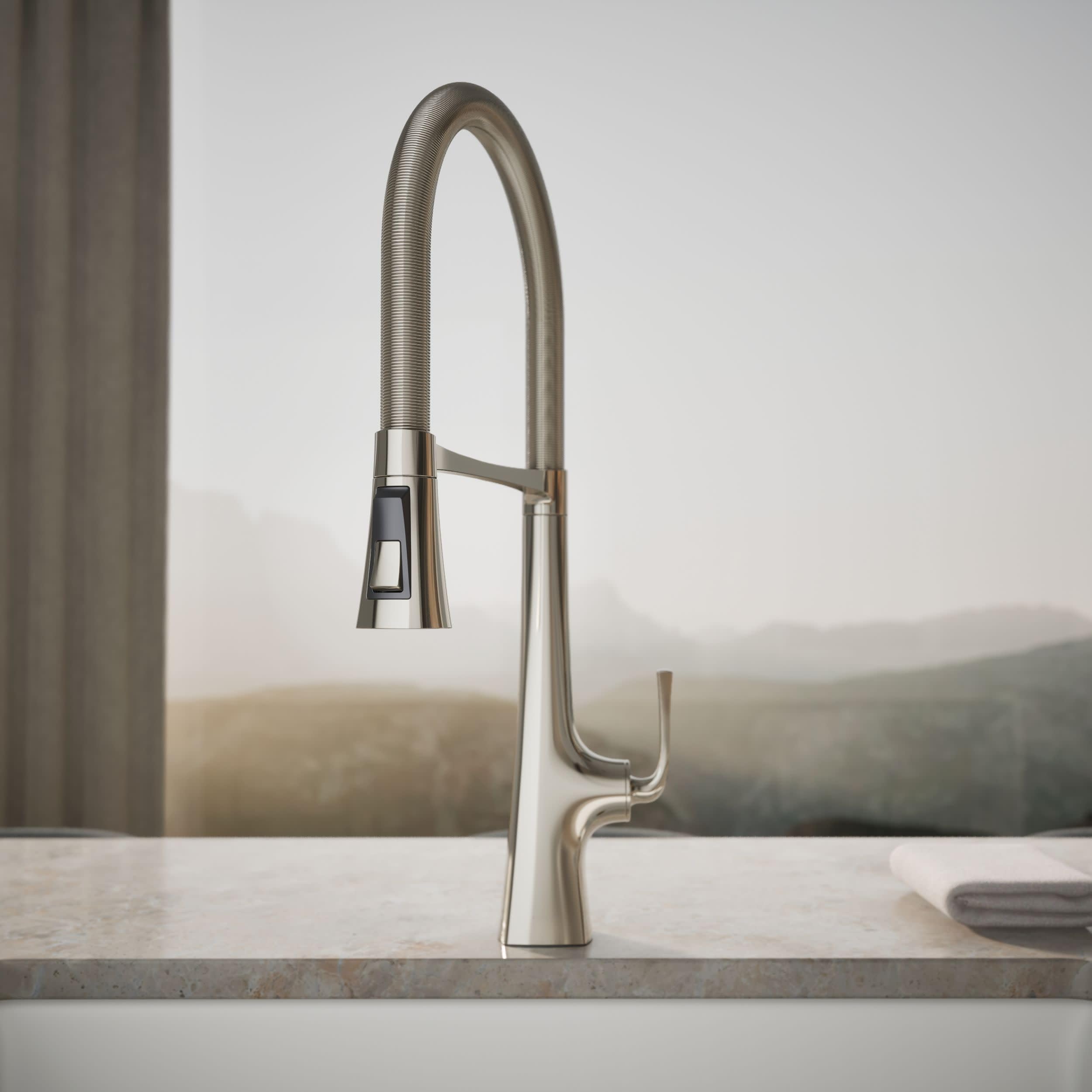 Kohler 22060-SN Graze Commercial, grifo de fregadero de cocina semiprofesional de 3 funciones alto con pulverizador extraíble, níquel pulido vibrante