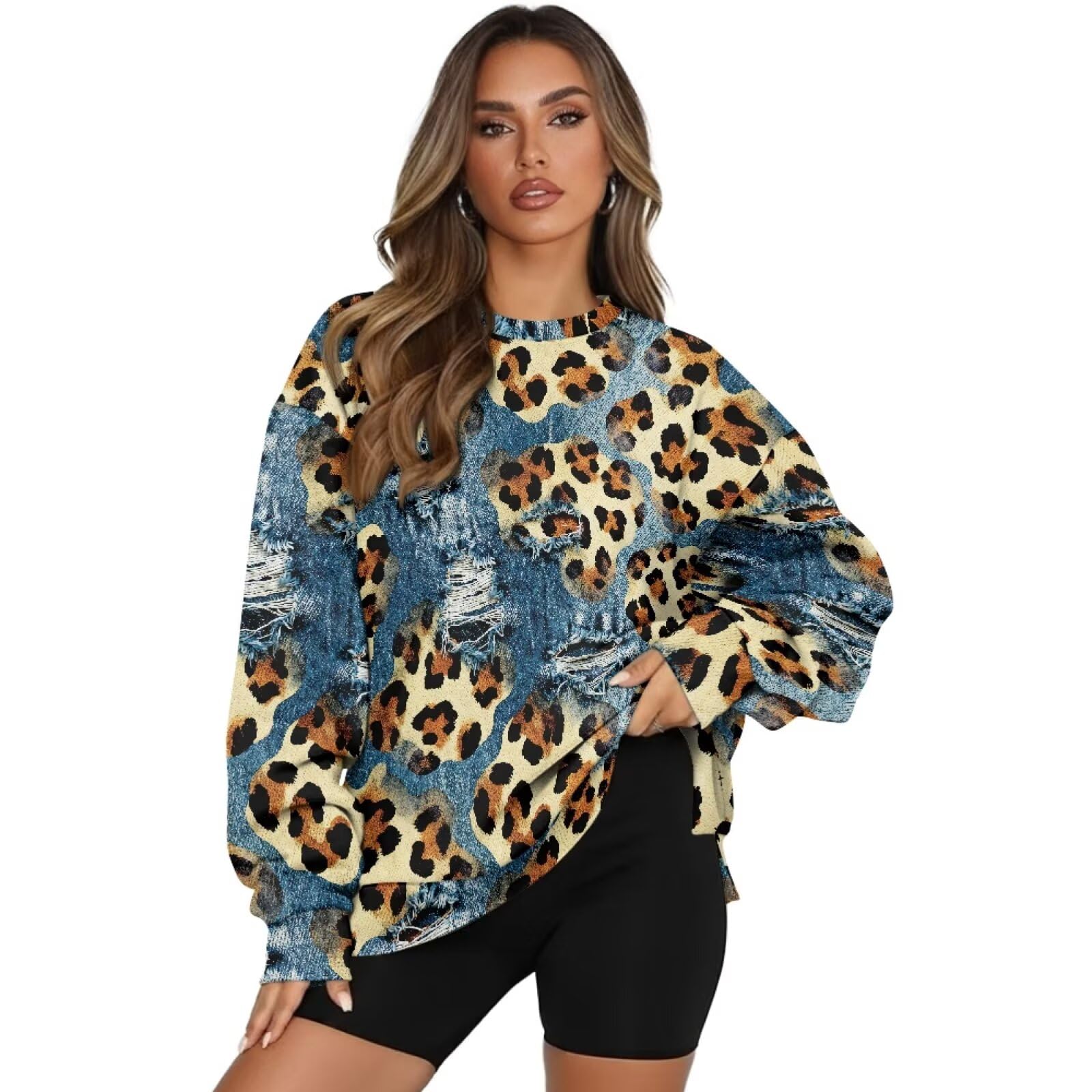 Bluza oversize damska bluza z okrągłym dekoltem sweter koszule z długim rękawem wygodny sweter z kieszenią jesienne zimowe stroje