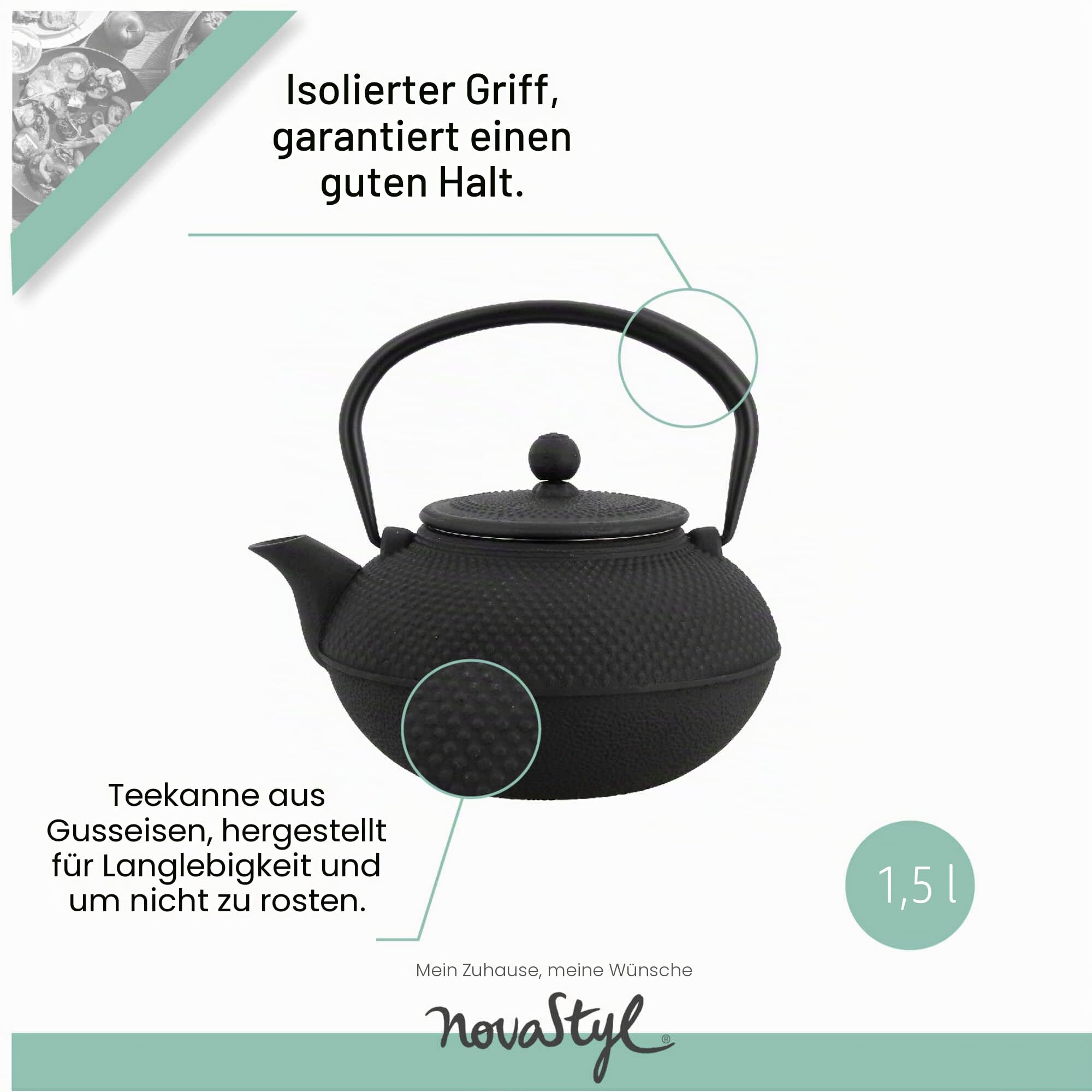 TheKitchenette 7321423 Teekanne, Gusseisen, 1,5 l, Schwarz