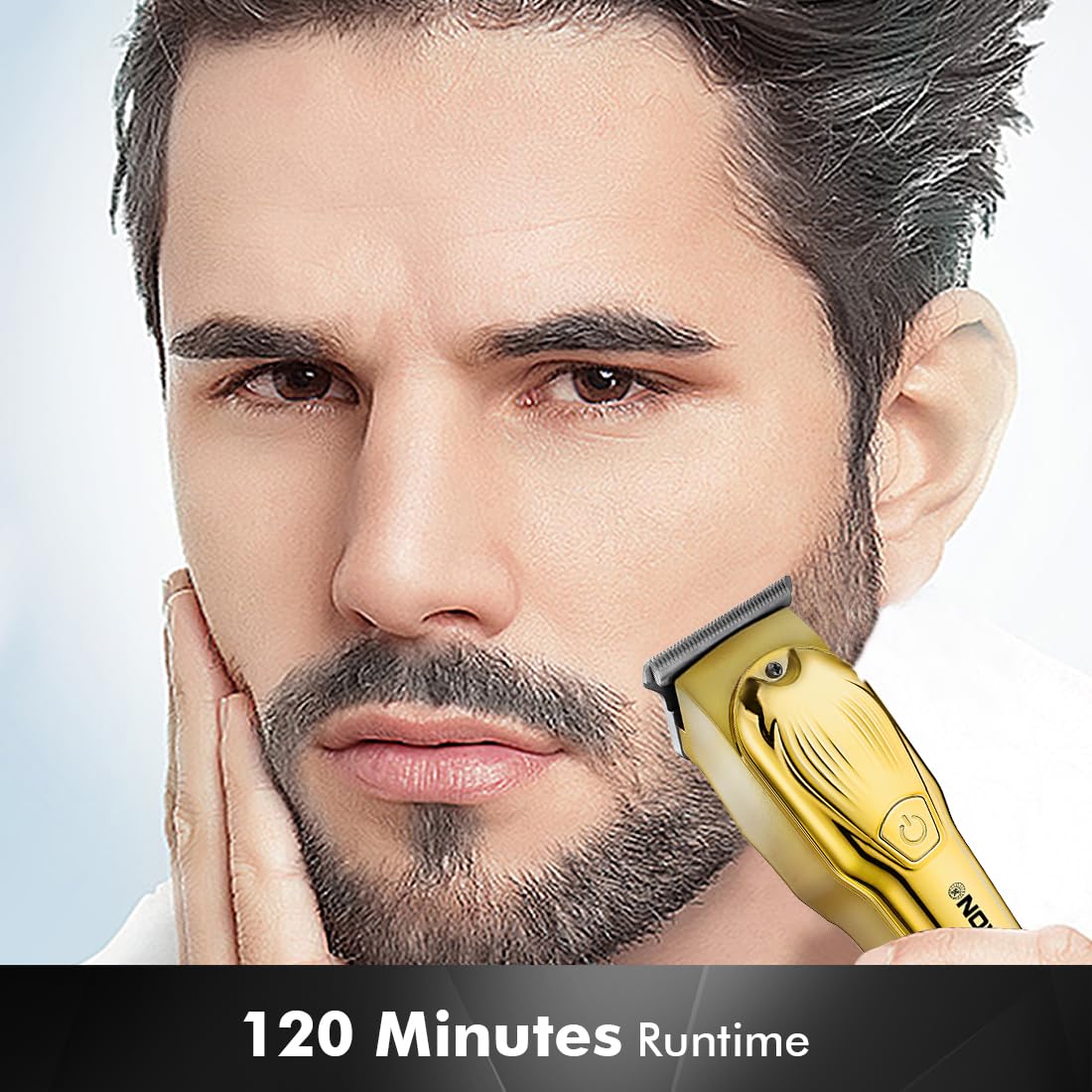 Close-up of trimmer blades showing self-sharpening mechanism