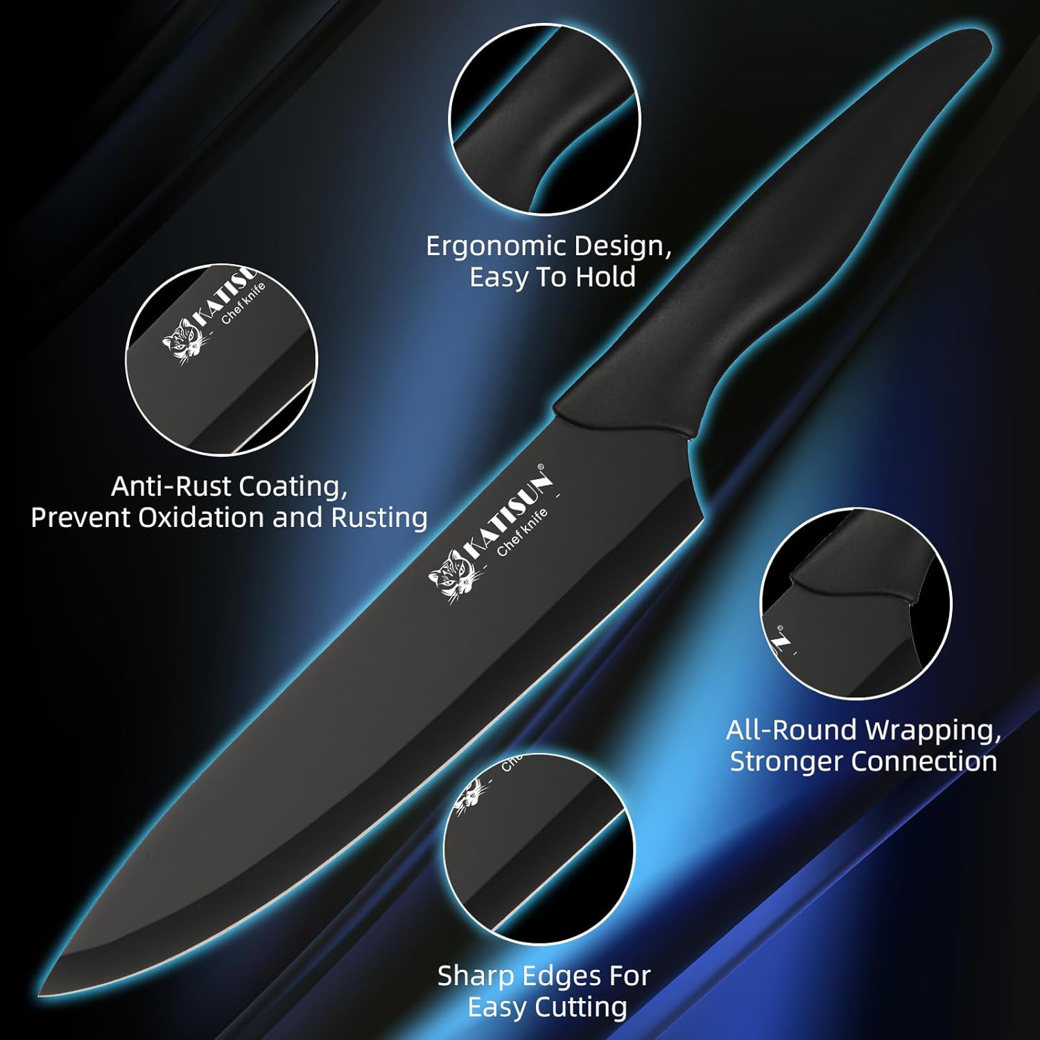 16 Pieces Kitchen Knife Block Set with Cutting Board, German Stainless Steel Knife Set with Sharpener, Dishwasher Safe, Anti-Slip Handle, 6 Steak Knives, Black - Image 3