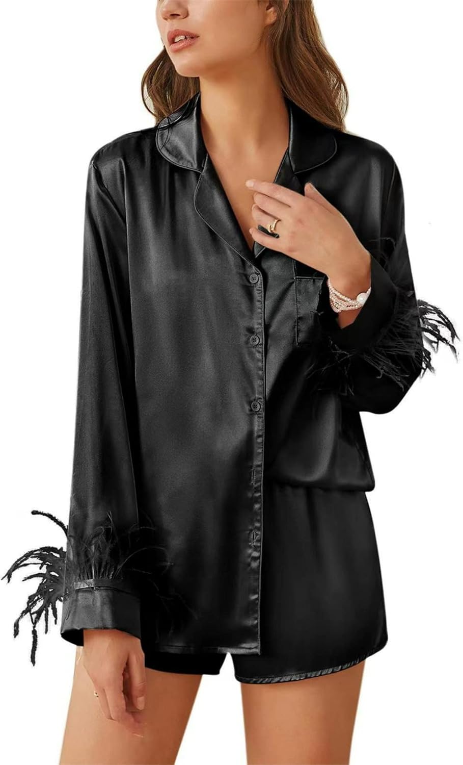 Ekouaer Bridal Feather Pajamas Set Silk Satin Valentine's Pj Sets Wedding Pjs Sleepwear with Removable Feather Trim