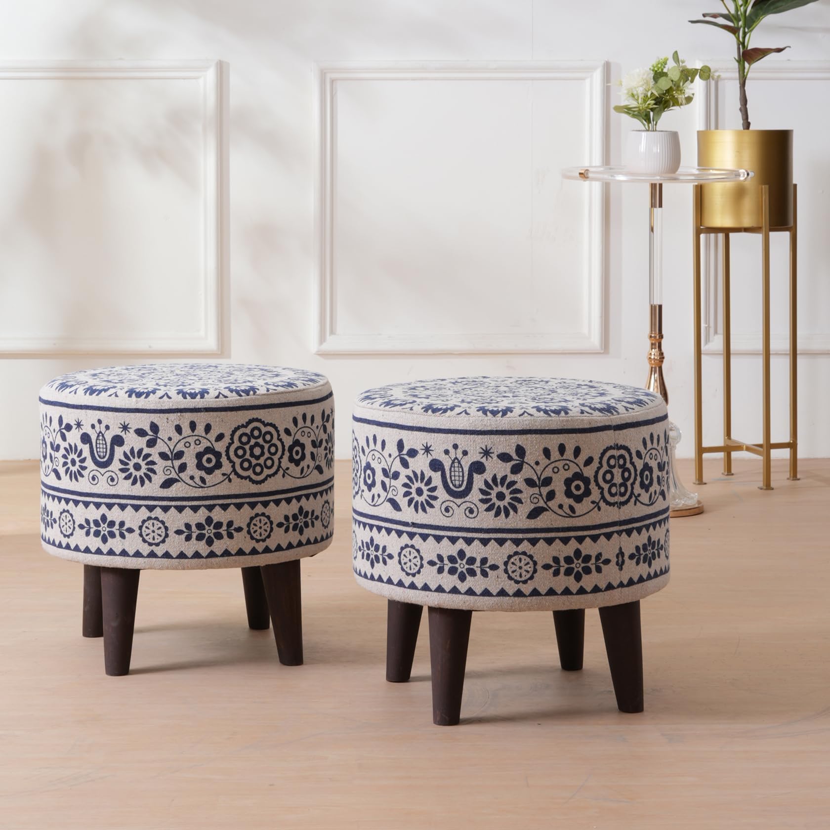 HOME 360 Floral Pattern Printed Fabric & Wooden Ottomans Footstools | 40X40X38 CM | Pouffe for Sitting and Footrest | Furniture for Home Decor | Dressing Table Stool | Living Room | Set of 2 | Blue