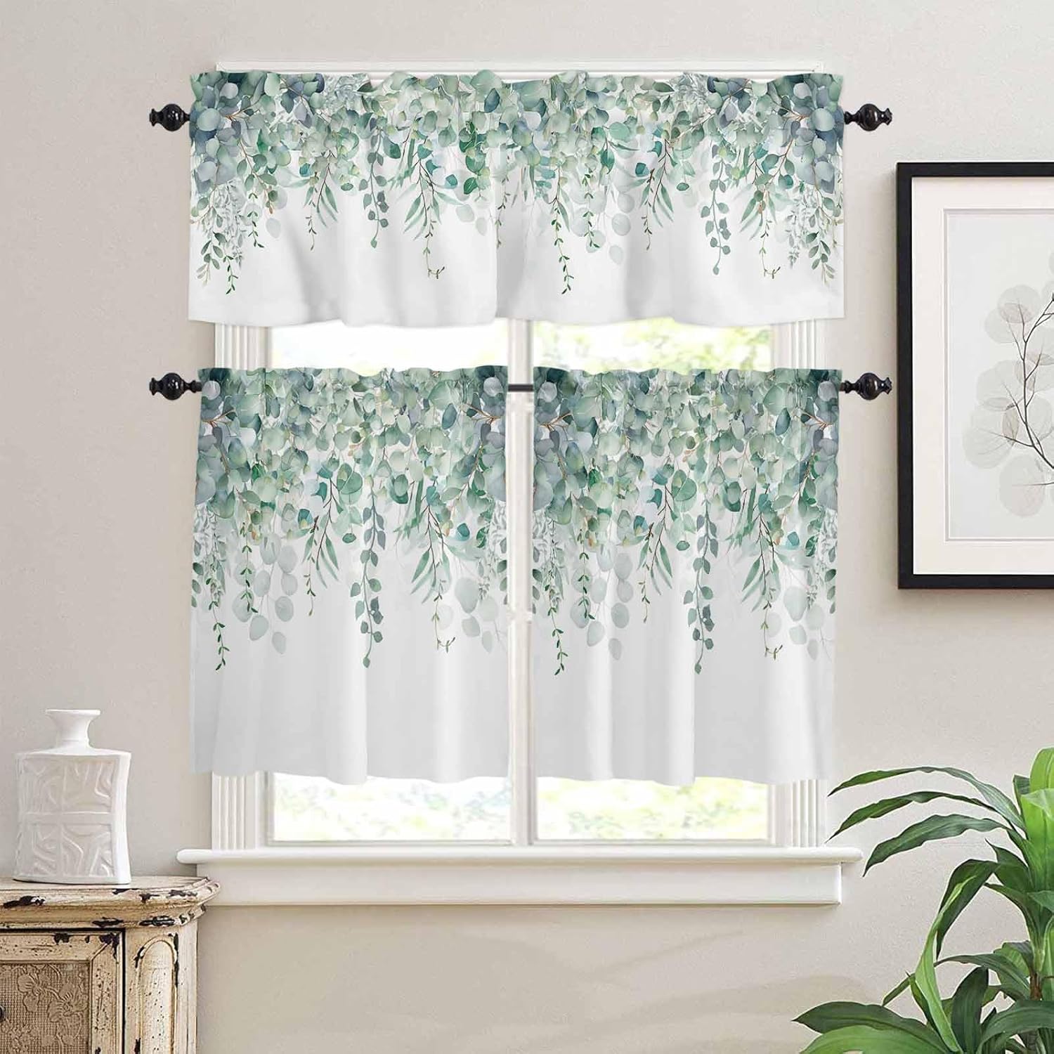 Kitchen Curtain Valance and Tiers Set Green Eucalyptus 3 Pc Window Treatment Watercolor Leaves 3 Pieces Rod Pocket Valance Set for Small Windows 54 in x 24 in
