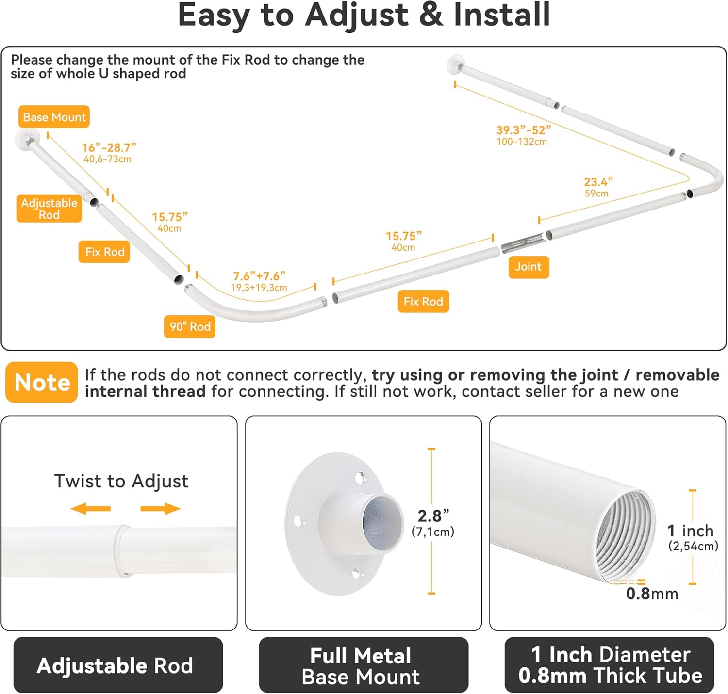 U Shaped Shower Curtain Rod, [Both Sides: 24"-52", Middle: 31"-47"] Adjustable U Shape Outdoor Corner Curtain Pole for Bathroom Bathtub with 12 Hooks & Ceiling Support - White