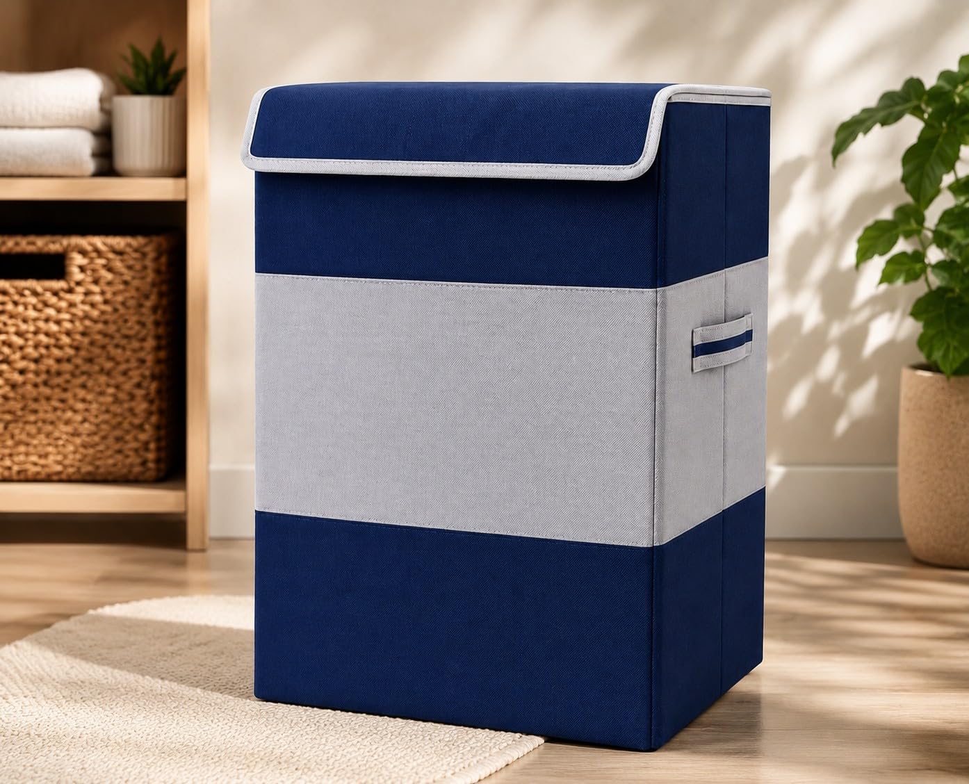 Foldable Large Laundry Bag/Basket With Lid & Handle75 L, Freestanding Clothes Storage Organizer for Bedroom, Dorm (36x36x53cm, Blue Gray, Set of 1)-picture-14
