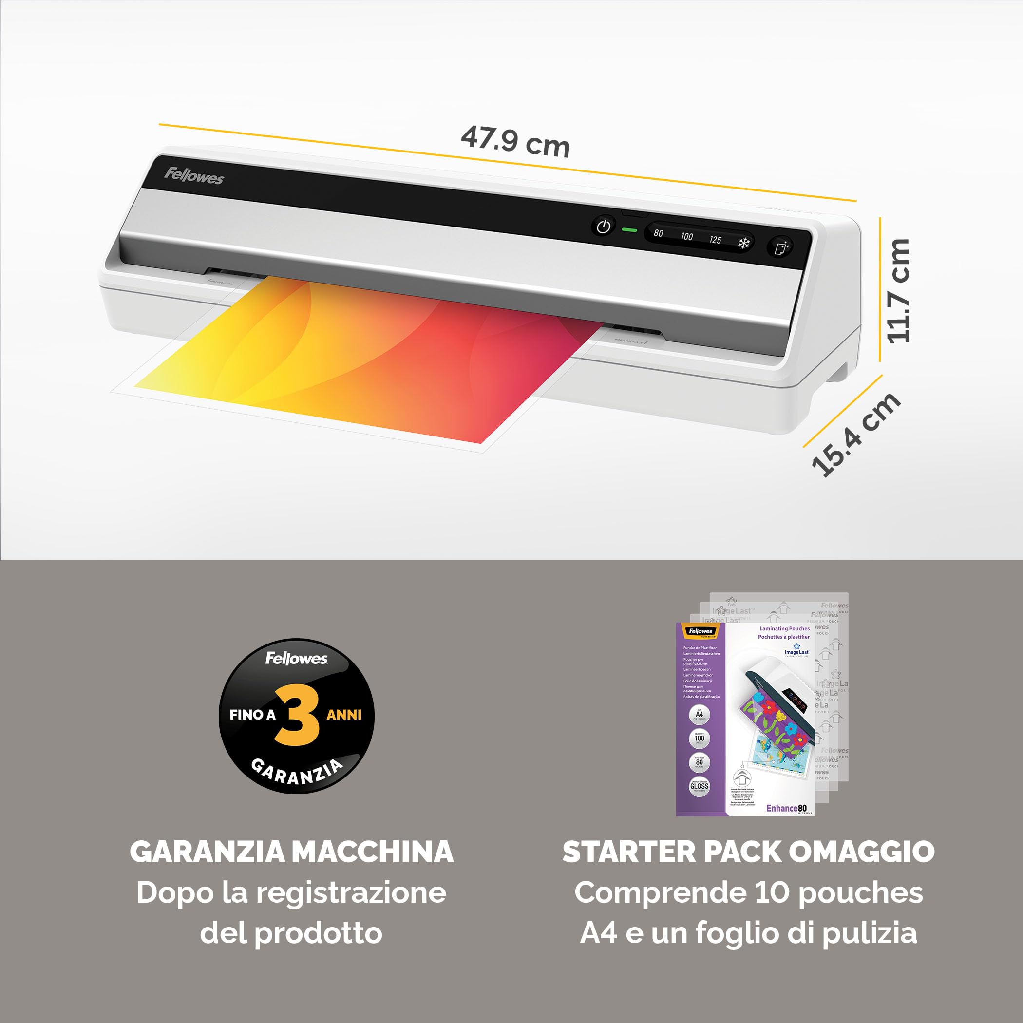 Fellowes Saturn A3 Plastificatrice per piccoli uffici – InstaHeat, pronta in 60 secondi, anti-inceppamento, spegnimento automatico – per pouches 80/100/125 micron – include 10 pouches – casa e ufficio