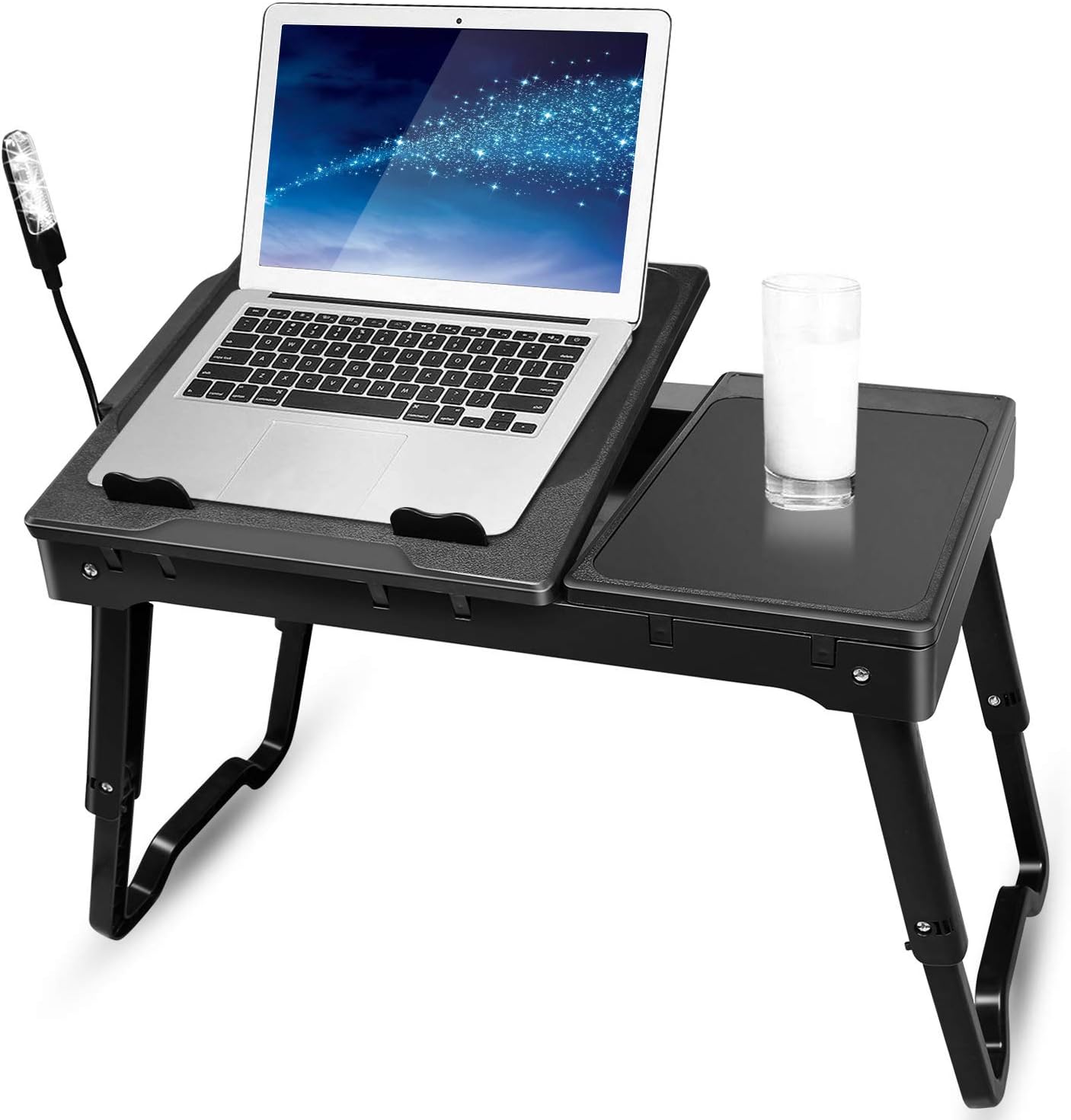 Foldable Laptop Table, Adjustable Laptop Desk Notebook Stand Book Holder Sofa Bed Breakfast Tray with Cooling Fan, Mouse Board, LED Lamp, 4x USB Ports