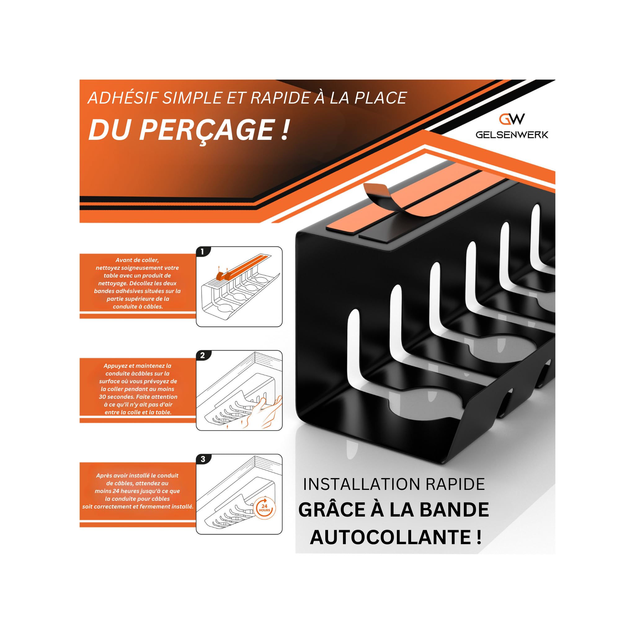Set De 2 Conduites De Câbles Gelsenwerk® Noir sans Perçage - Support 43x12x12cm avec Tuyau De Câble - Chemin pour Gestion Câbles Lieu De Travail Et Ordre Bureau
