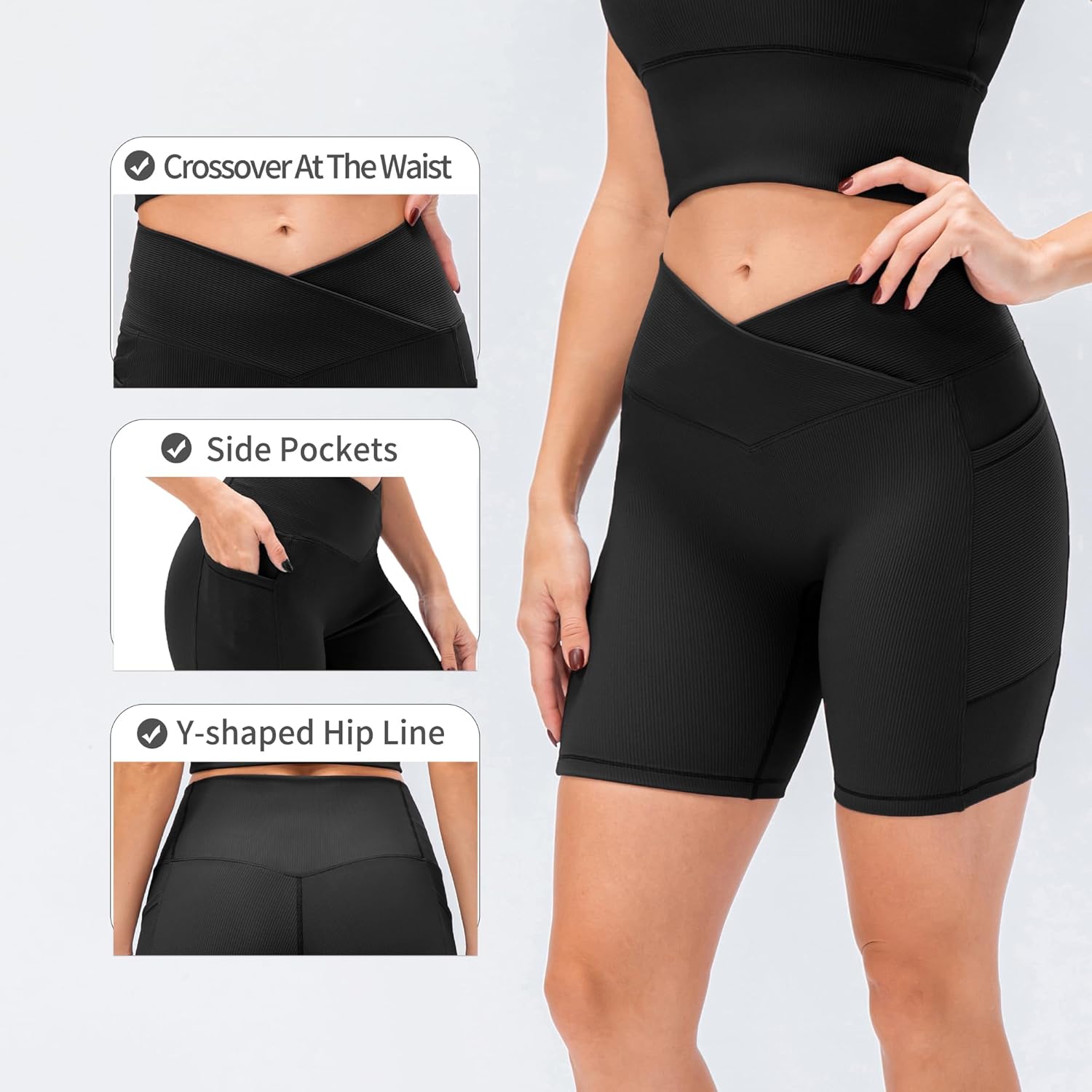 Women’s High Waist Biker Shorts Seamless Cross V Workout Gym Shorts 5" Yoga Shorts with Pockets - Image 6