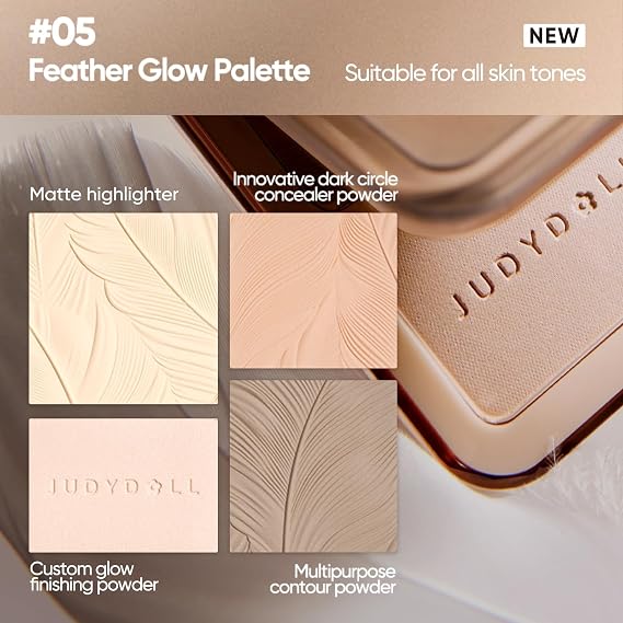 JUDYDOLL Highlight & Contour Palette, All-in-One Matte Highlighter Contour Compact,Natural Brightening Finish for Cool Fair & Olive Skin (05 Feather Glow Palette)