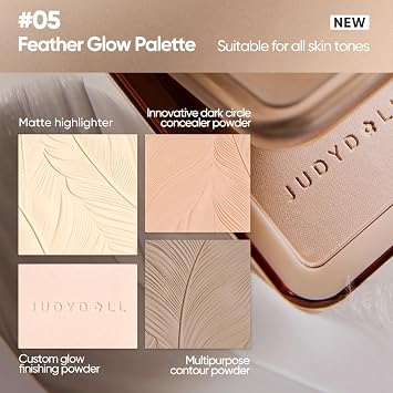 JUDYDOLL Highlight & Contour Palette, All-in-One Matte Highlighter Contour Compact,Natural Brightening Finish for Cool Fair & Olive Skin (05 Feather Glow Palette)