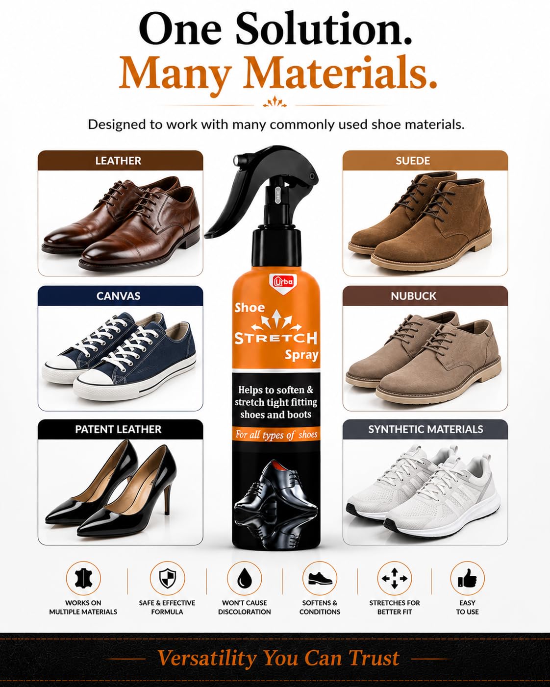 URBA® Shoe Stretch Spray 200 ml | Softens & Gently Stretches Tight Shoes | Leather, Suede, Nubuck & Canvas | Helps Reduce Pressure Points & Improve Comfort | Easy Precision Spray 1