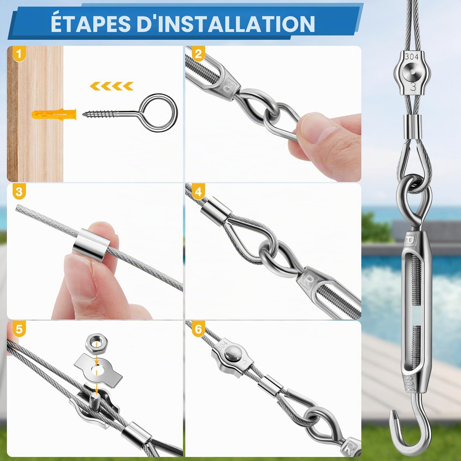 Kit de câble métallique de 50m/2mm,304 Cable Acier Inoxydable de PVC,Suspension de Guirlandes lumineuses en Extérieur,Treillis Plante Grimpante,Corde à Linge,Clôture,Cable Suspendre Kit