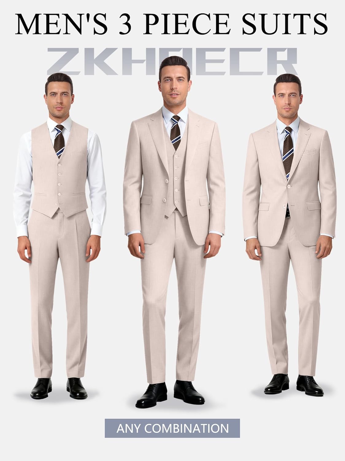 Men's 3 Piece Slim Fit Suit Set, Two Button Blazer Solid Jacket Vest Pants Wedding Business Suit - Image 2