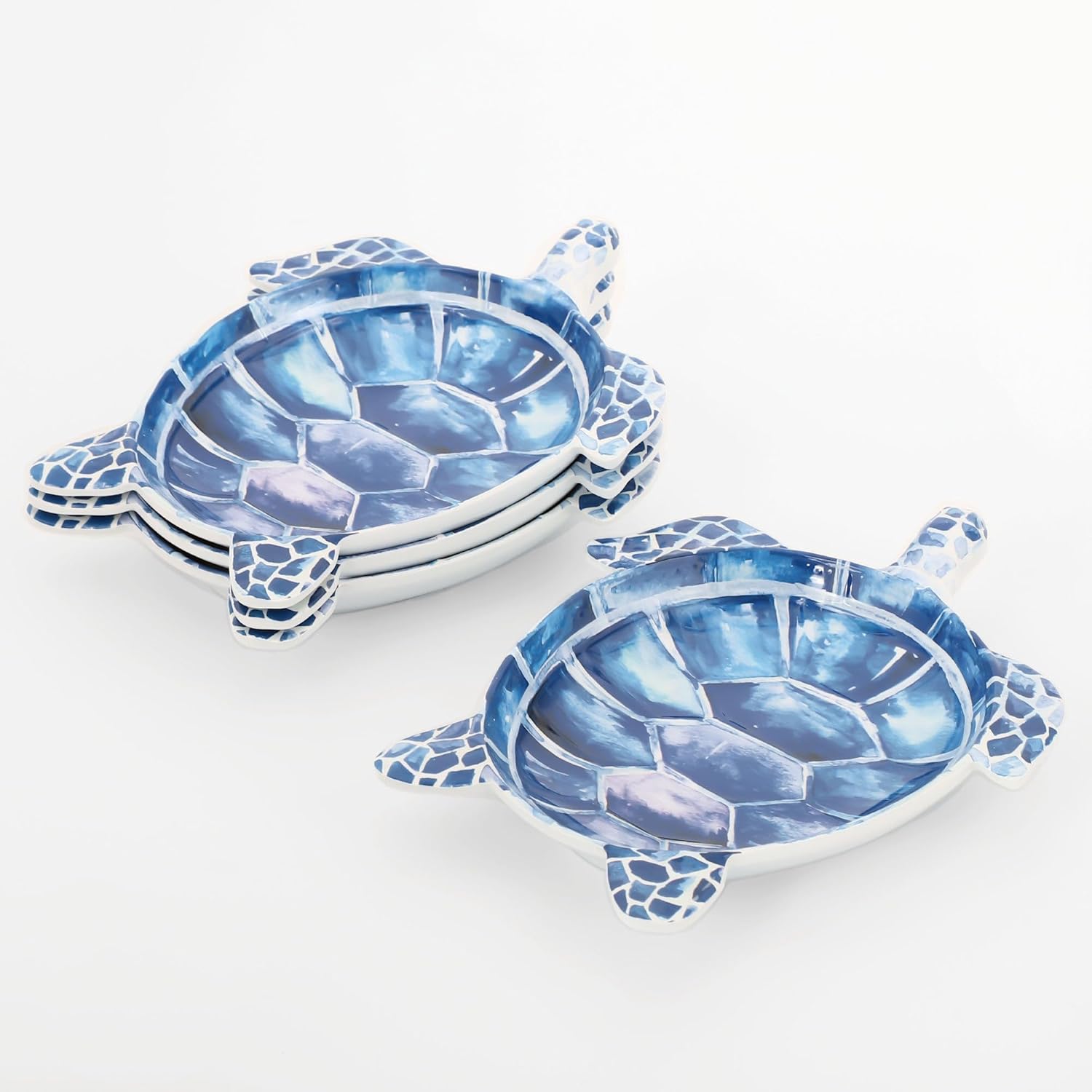 UP UPware Indigo Sea Turtle-Shaped Melamine Dessert Plates - Ocean Theme, BPA-Free, Dishwasher Safe, for Dessert, Snacks, Appetizers, and Fruit, Blue, 7.5 x 6 Inch, Set of 4