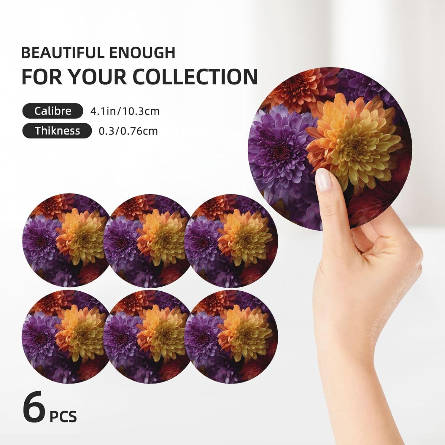 (Colorful Chrysanthemums) Ceramic Coasters Set of 6 with Holder Non-Slip Round Coffee Coasters for for Cup Mug Drink Patio Coffee Table Decor, Christmas Coasters Home Bar Supplies